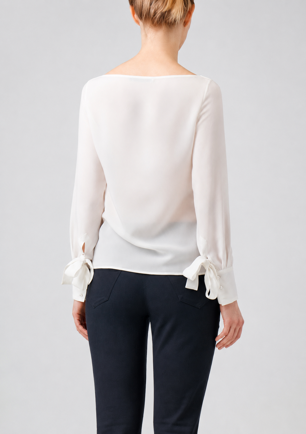Long sleeve silk blouse with cuff bow details
