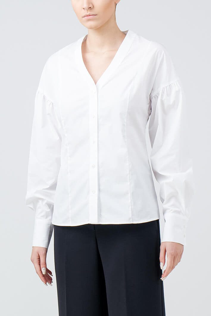 White Shirt with gathered sleeves made from Italian Tessitura Monti stretch cotton
