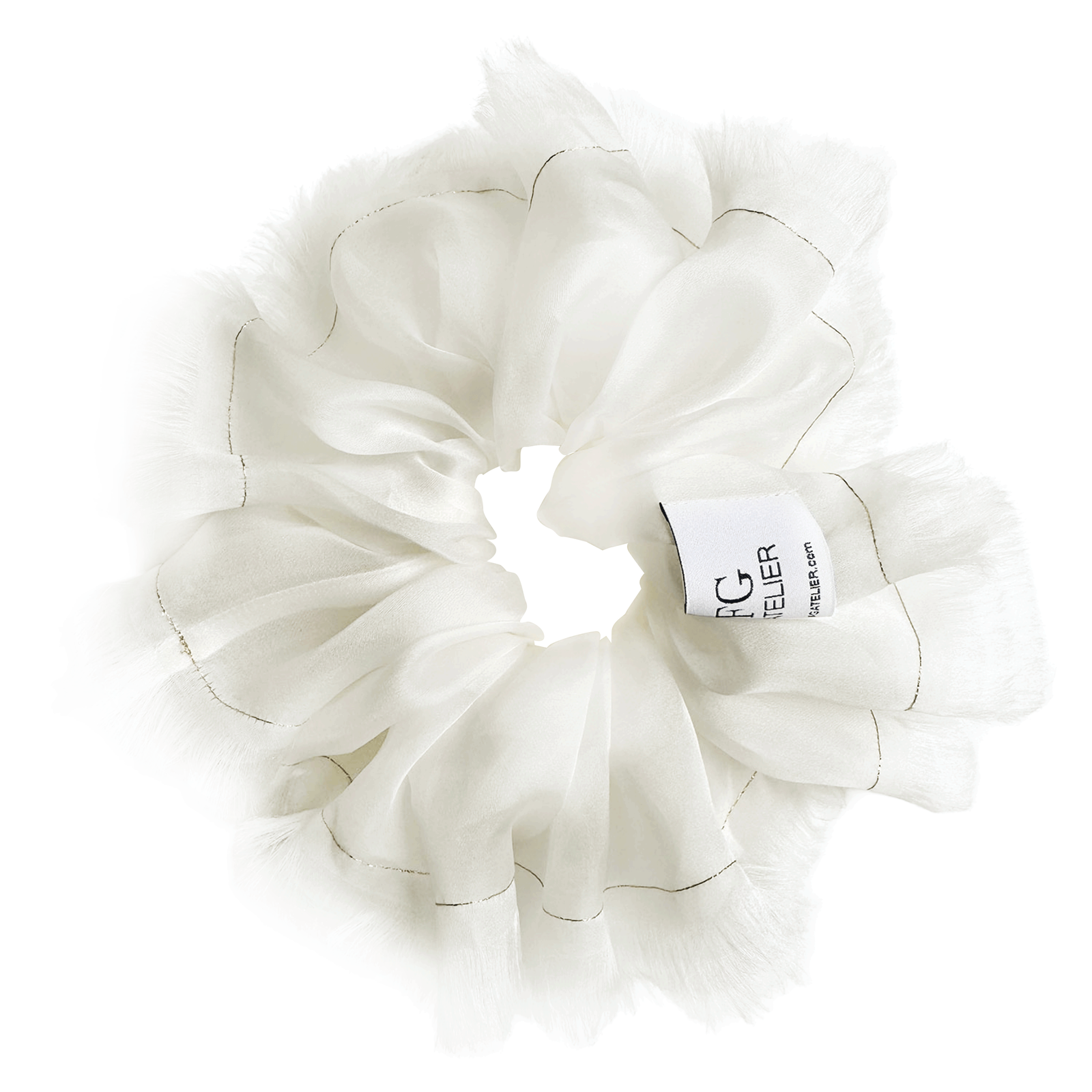Handmade White 100% Silk Organza Scrunchie with Gold Thread – Elegant Statement Hair Accessory, Perfect Gift for Her