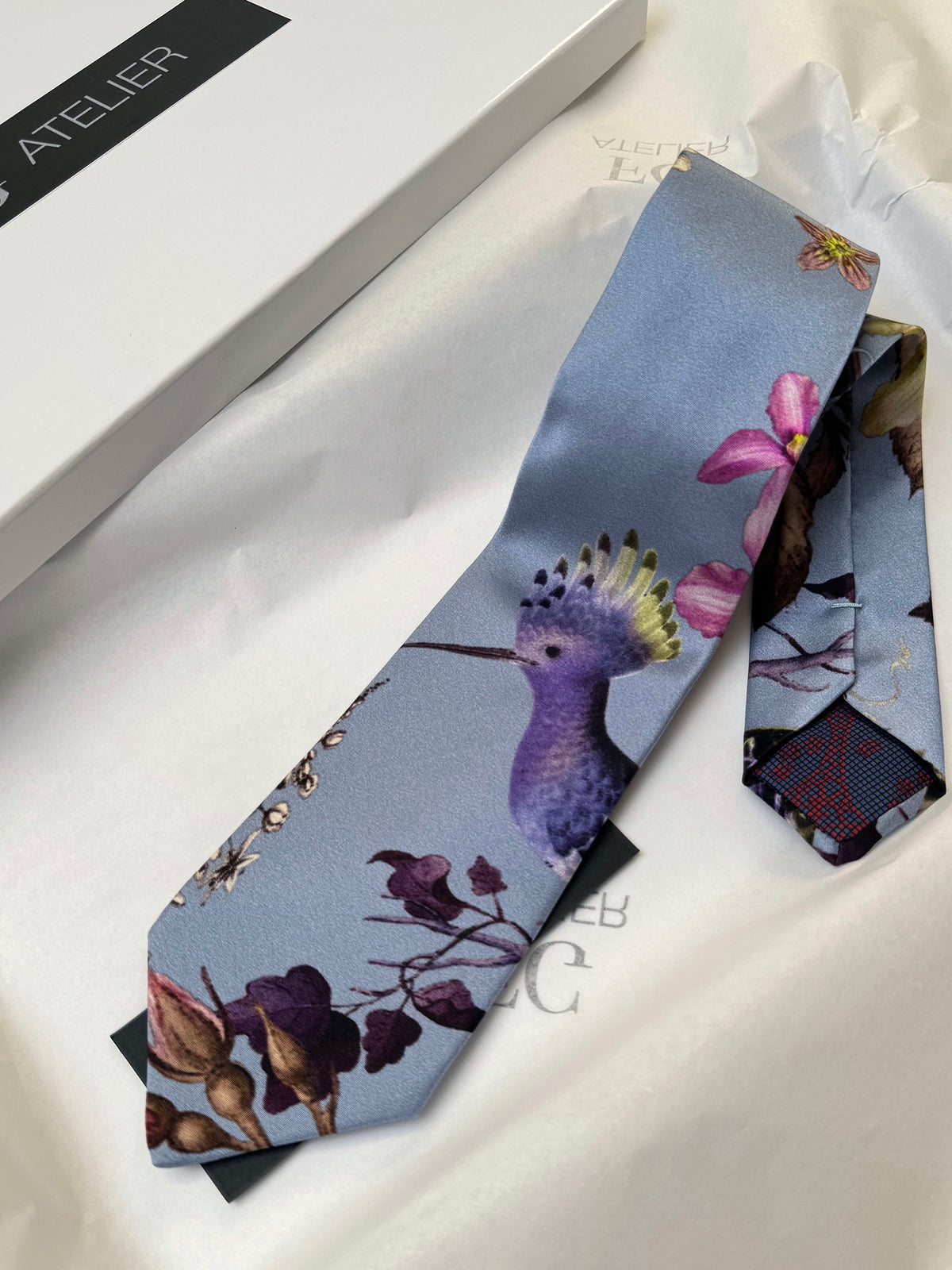 Handmade Mulberry Silk Tie – Elegant Bird &amp; Floral Pattern