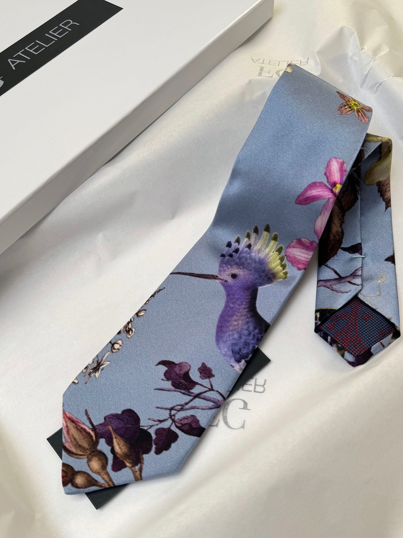 Handmade Mulberry Silk Tie – Elegant Bird & Floral Pattern