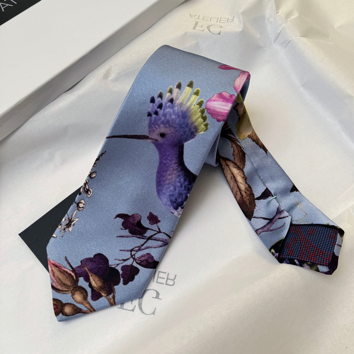 Handmade Mulberry Silk Tie – Elegant Bird & Floral Pattern