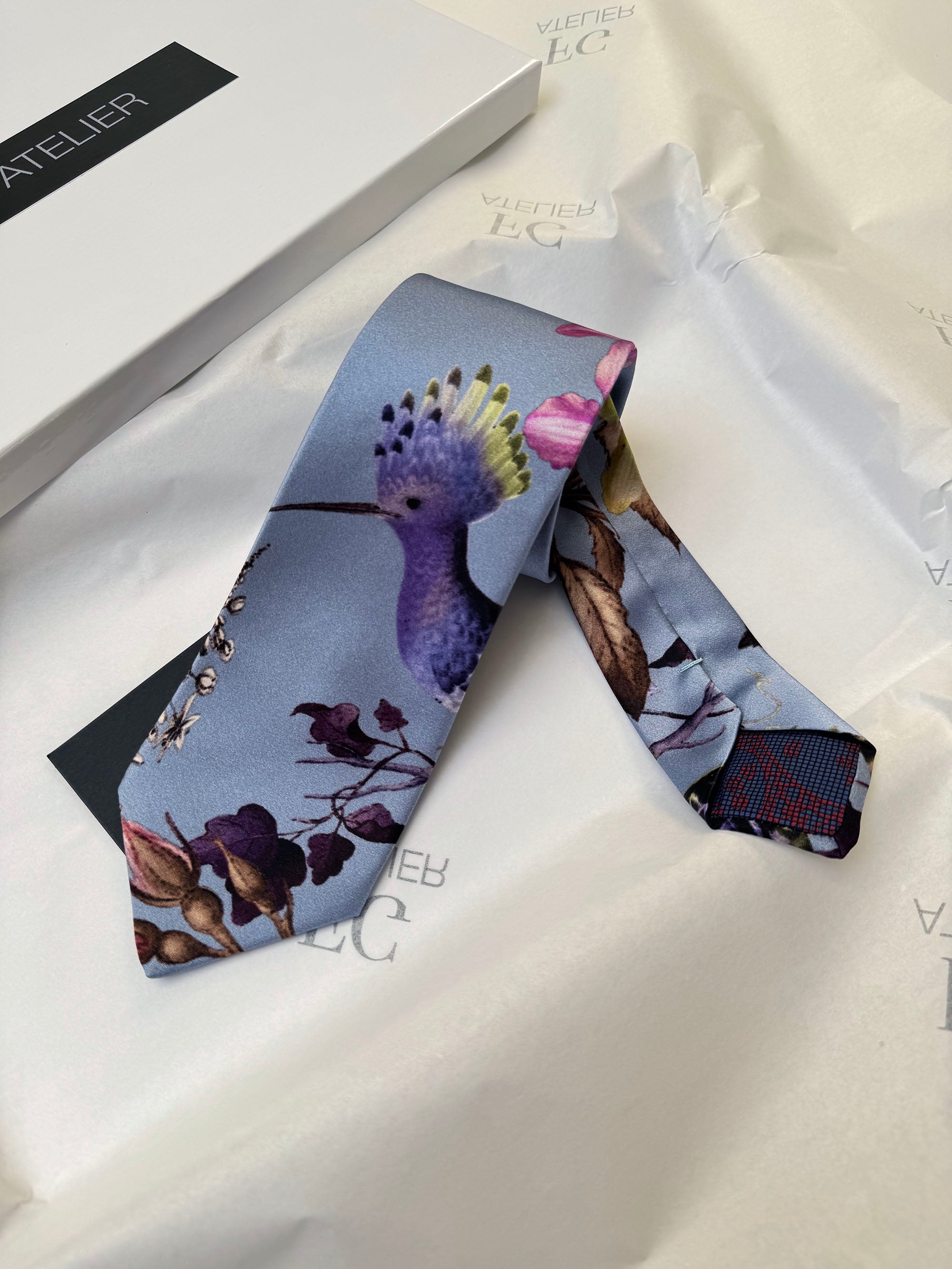 Handmade Mulberry Silk Tie – Elegant Bird & Floral Pattern