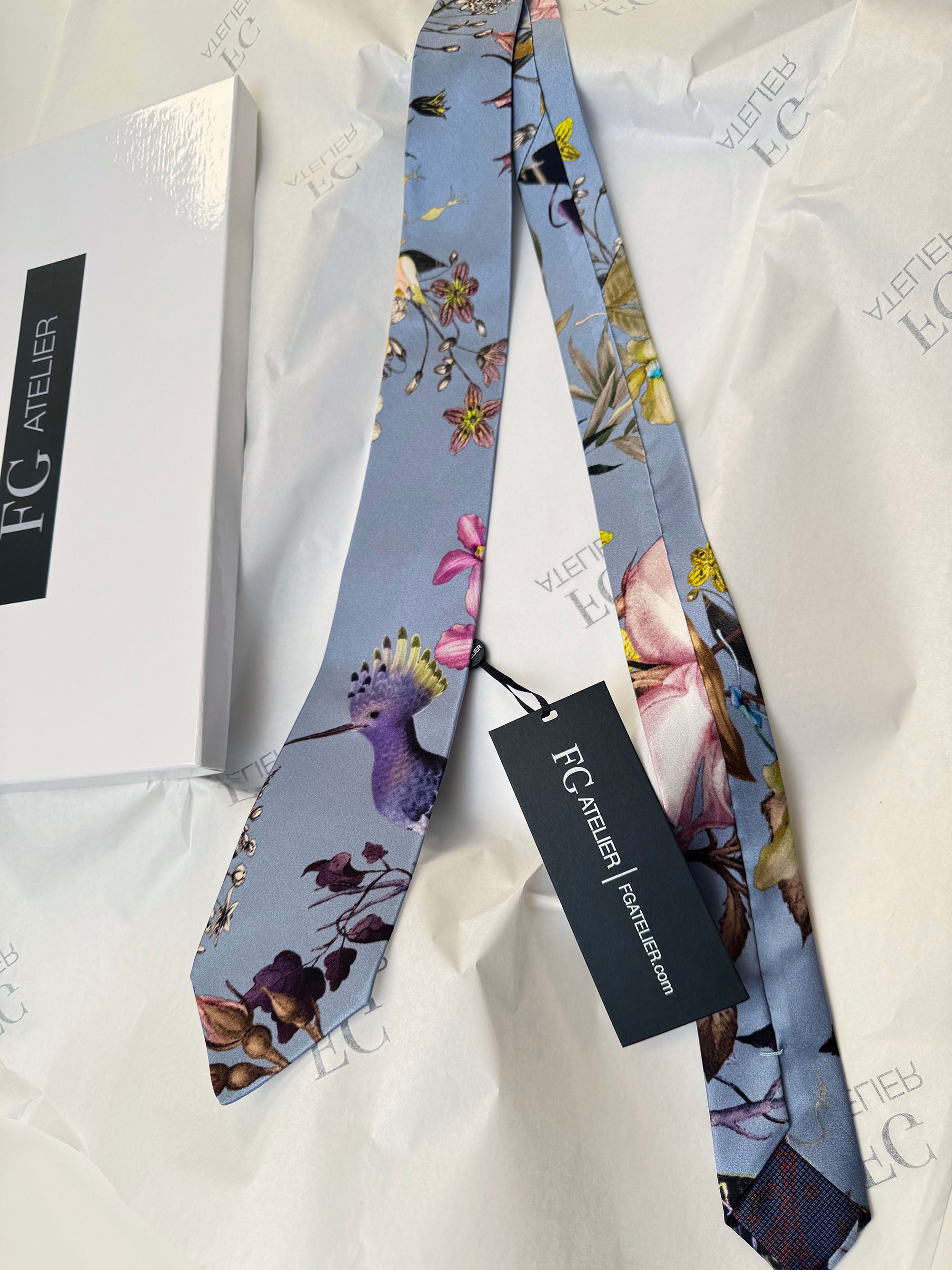 Handmade Mulberry Silk Tie – Elegant Bird & Floral Pattern