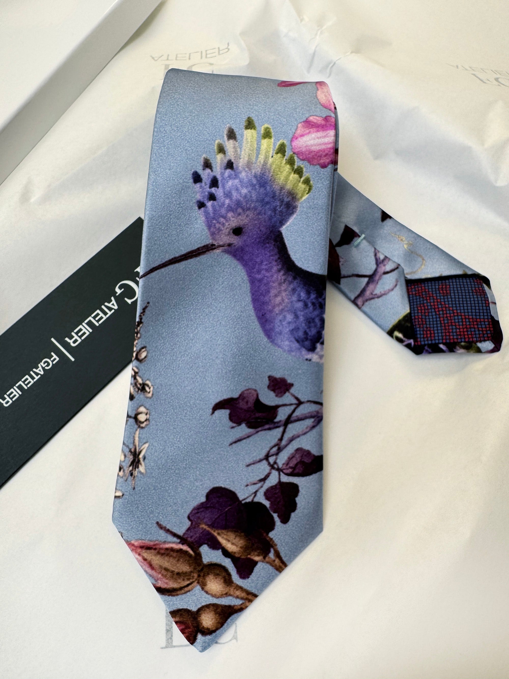 Handmade Mulberry Silk Tie – Elegant Bird & Floral Pattern