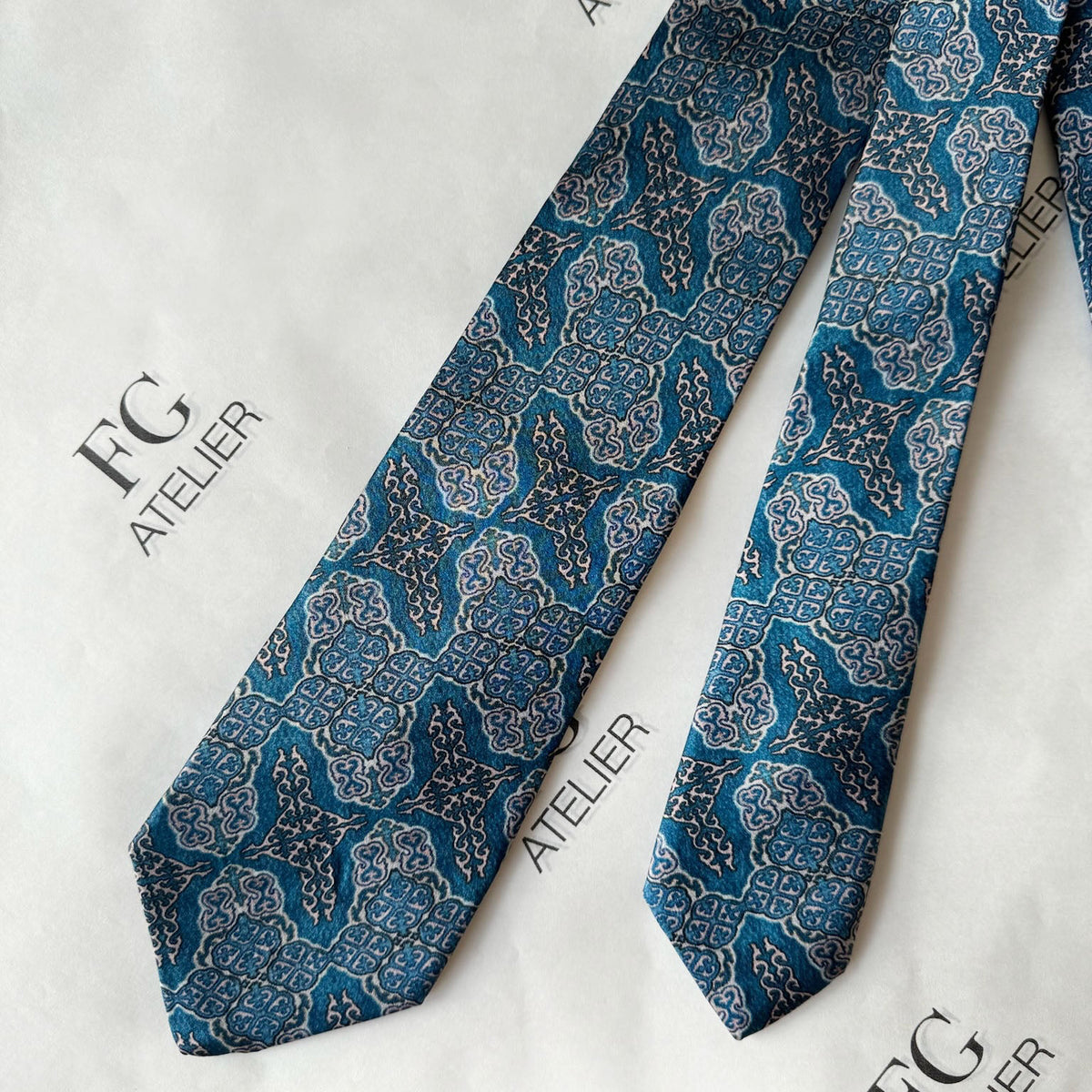 Handmade Mulberry Silk Tie - Elegant  Blue Oriental Pattern