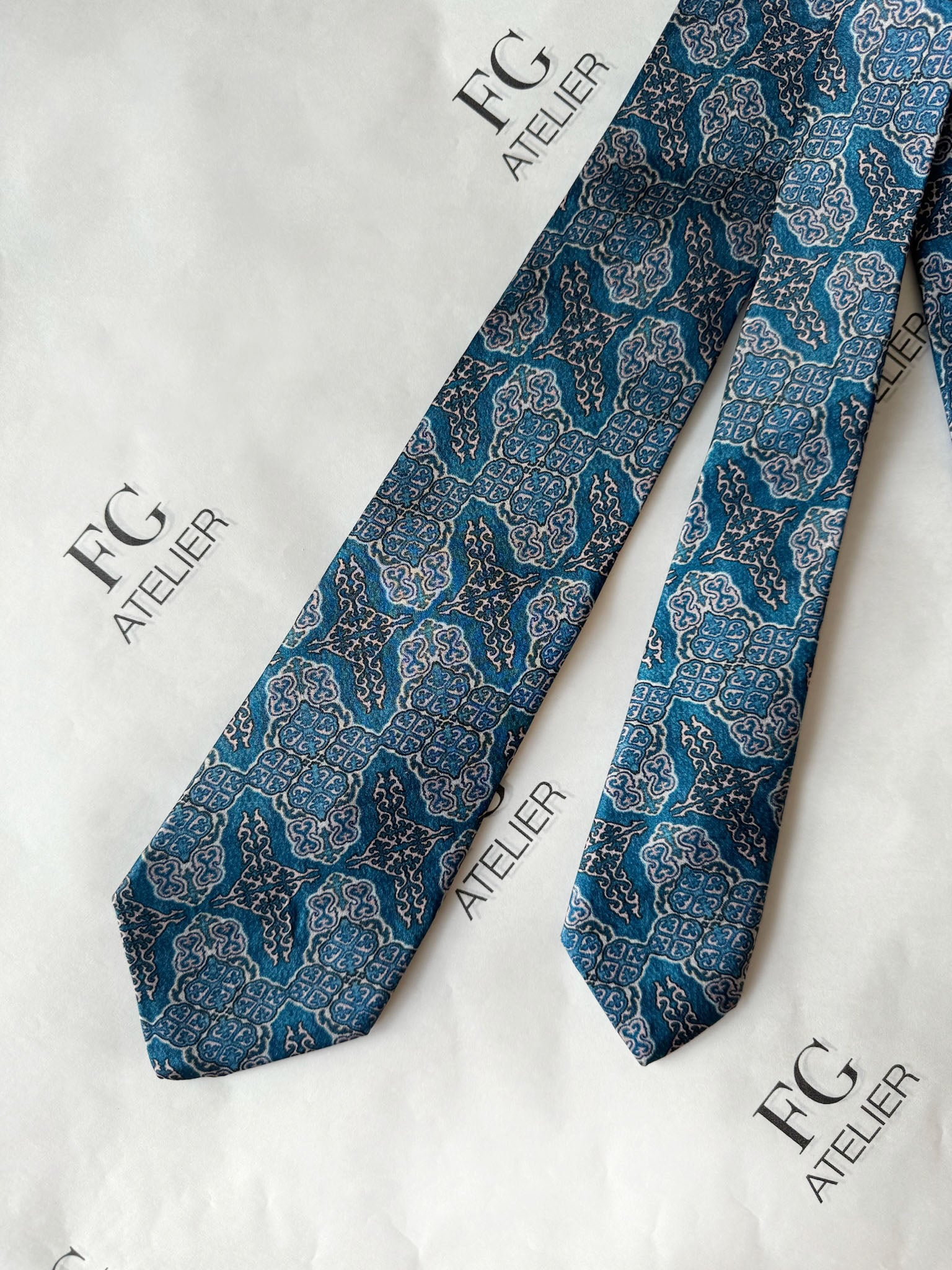 Handmade Mulberry Silk Tie - Elegant  Blue Oriental Pattern
