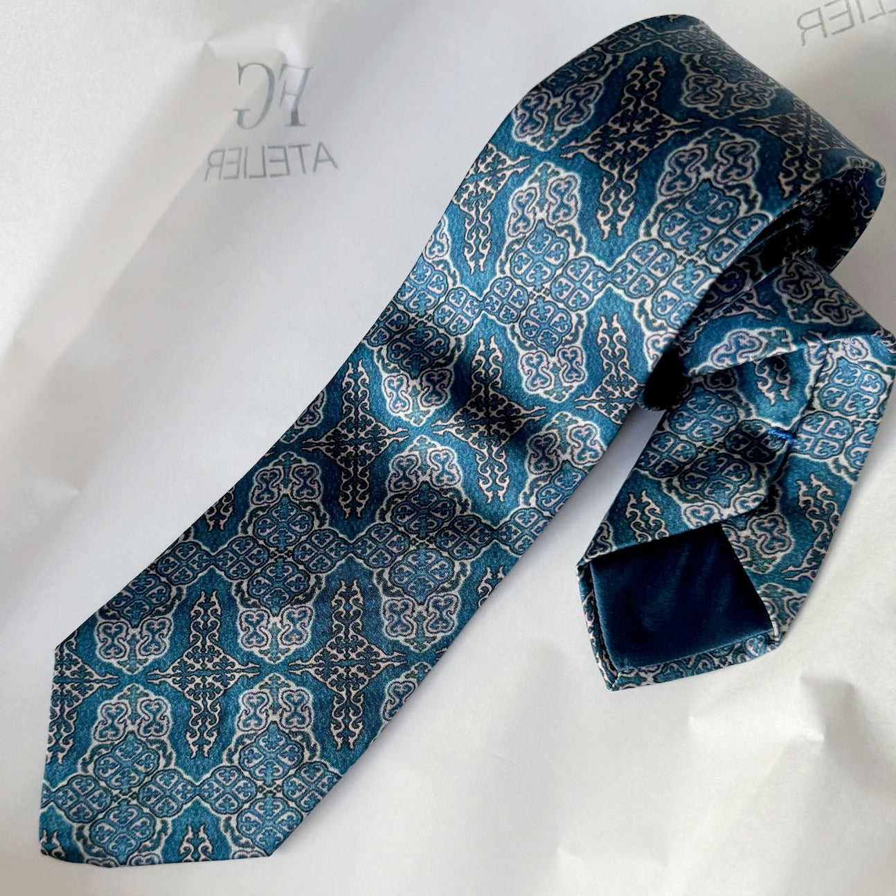 Handmade Mulberry Silk Tie - Elegant  Blue Oriental Pattern