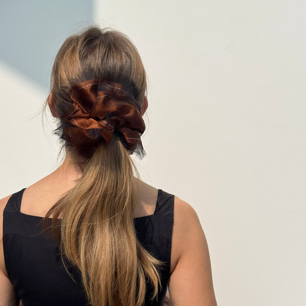 Handmade Rust Bronze 100% Silk Organza Scrunchie with Black Frayed Edge – Statement Hair Accessory