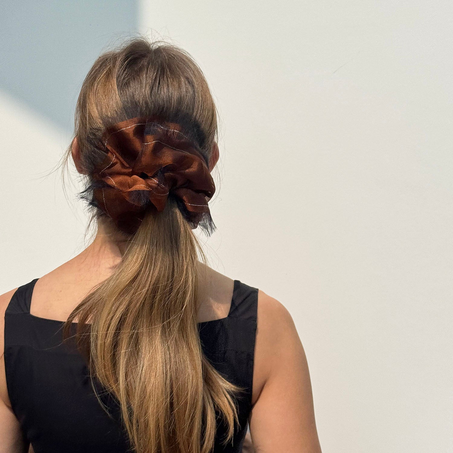 Handmade Rust Bronze 100% Silk Organza Scrunchie with Black Frayed Edge – Statement Hair Accessory