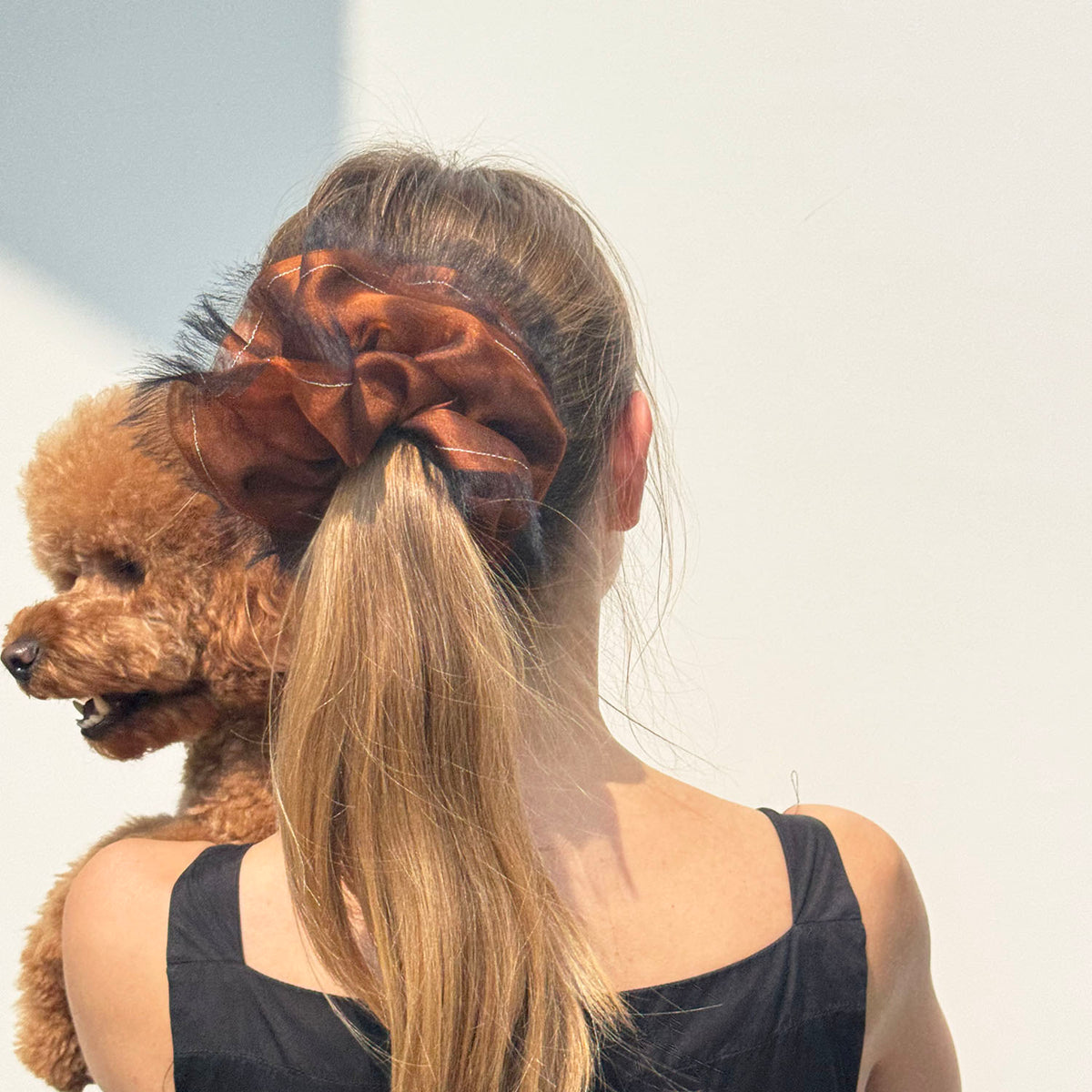 Handmade Rust Bronze 100% Silk Organza Scrunchie with Black Frayed Edge – Statement Hair Accessory