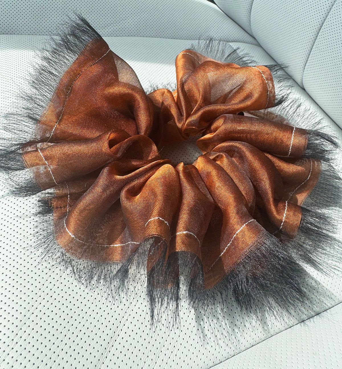 Handmade Rust Bronze 100% Silk Organza Scrunchie with Black Frayed Edge – Statement Hair Accessory