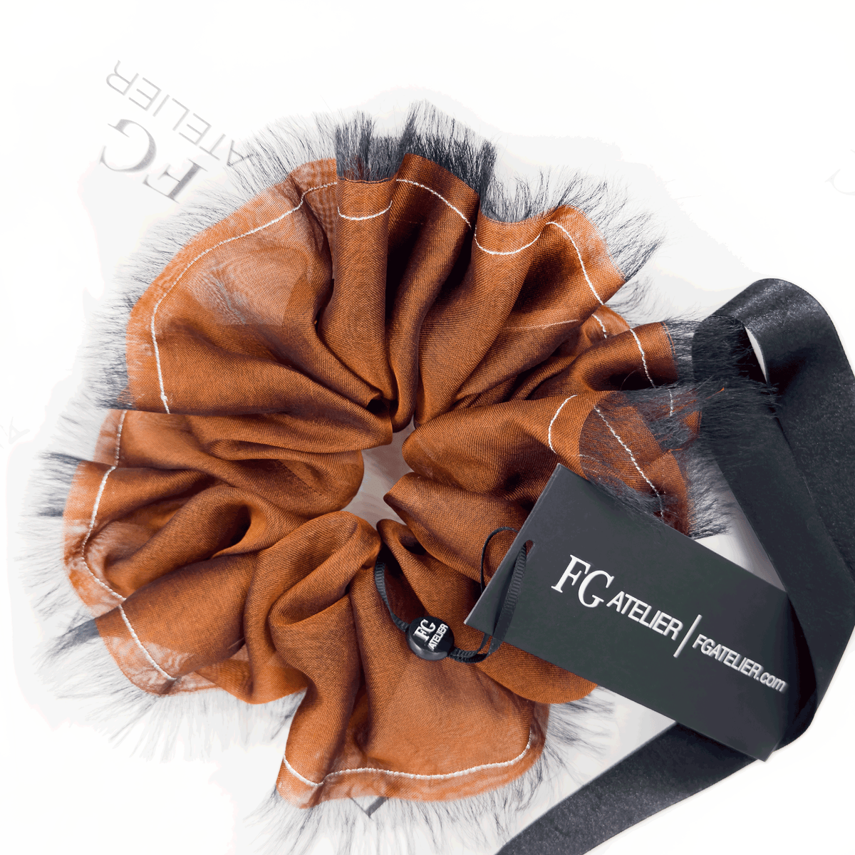 Handmade Rust Bronze 100% Silk Organza Scrunchie with Black Frayed Edge – Statement Hair Accessory