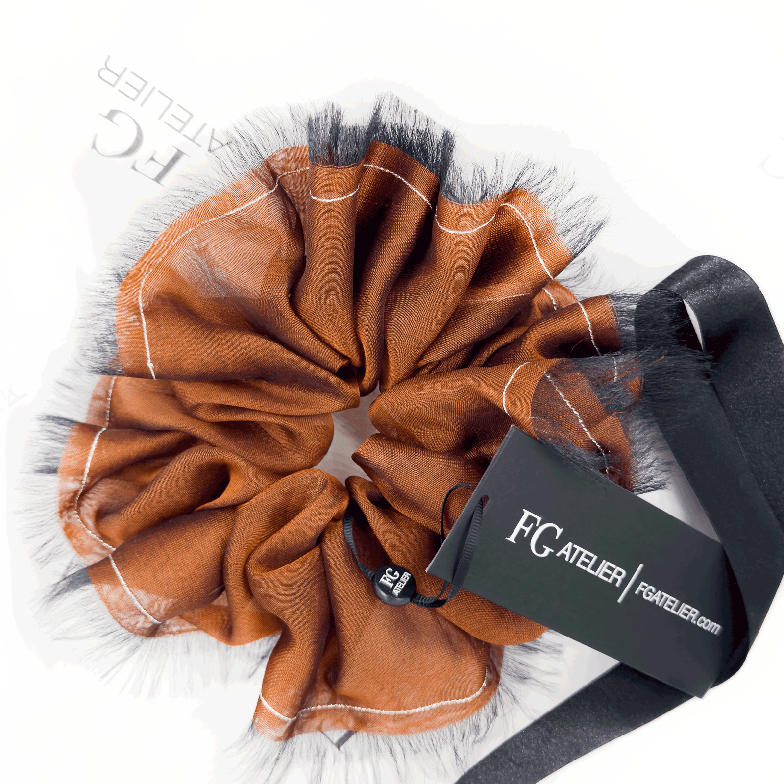 Handmade Rust Bronze 100% Silk Organza Scrunchie with Black Frayed Edge – Statement Hair Accessory