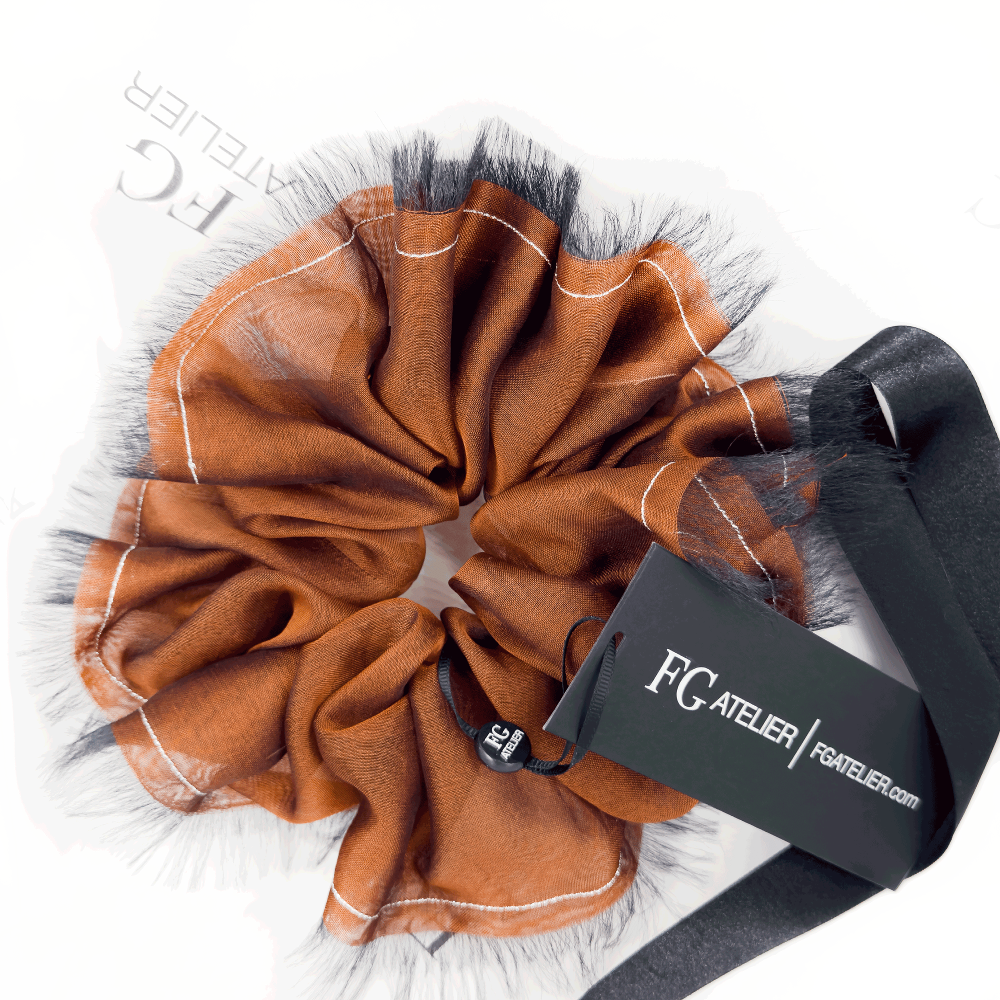 Handmade Rust Bronze 100% Silk Organza Scrunchie with Black Frayed Edge – Statement Hair Accessory