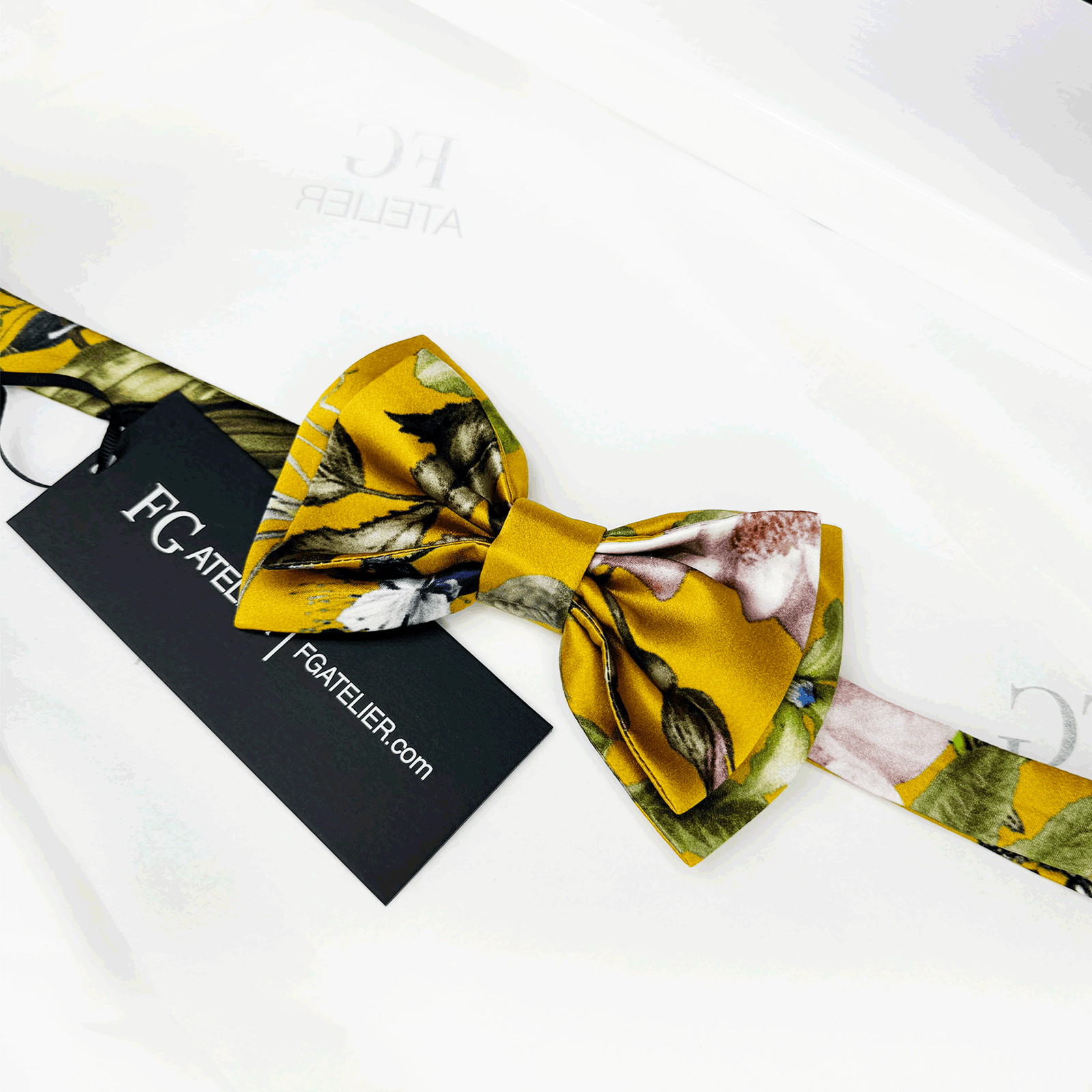 Handmade Mulberry Silk Bow Tie: Gold Floral Pre-tied