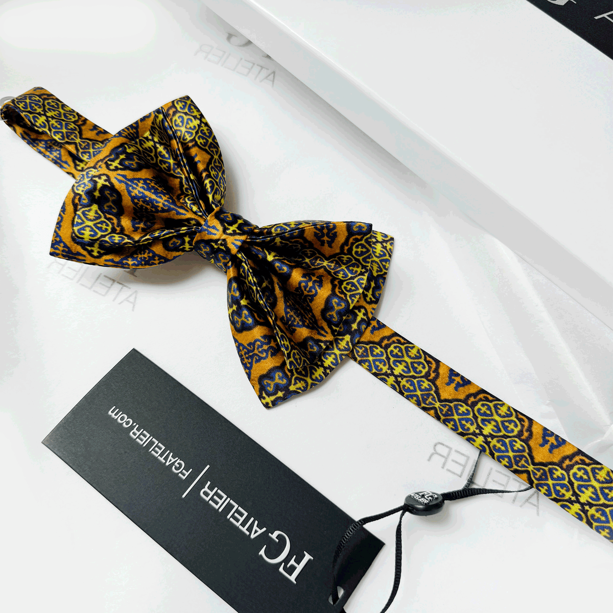 Handmade Italian Silk Bow Tie: Gold, Yellow Oriental Pattern