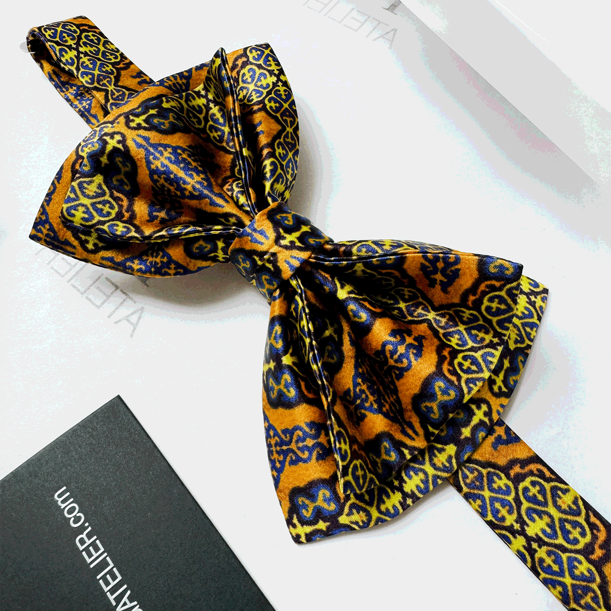 Handmade Italian Silk Bow Tie: Gold, Yellow Oriental Pattern