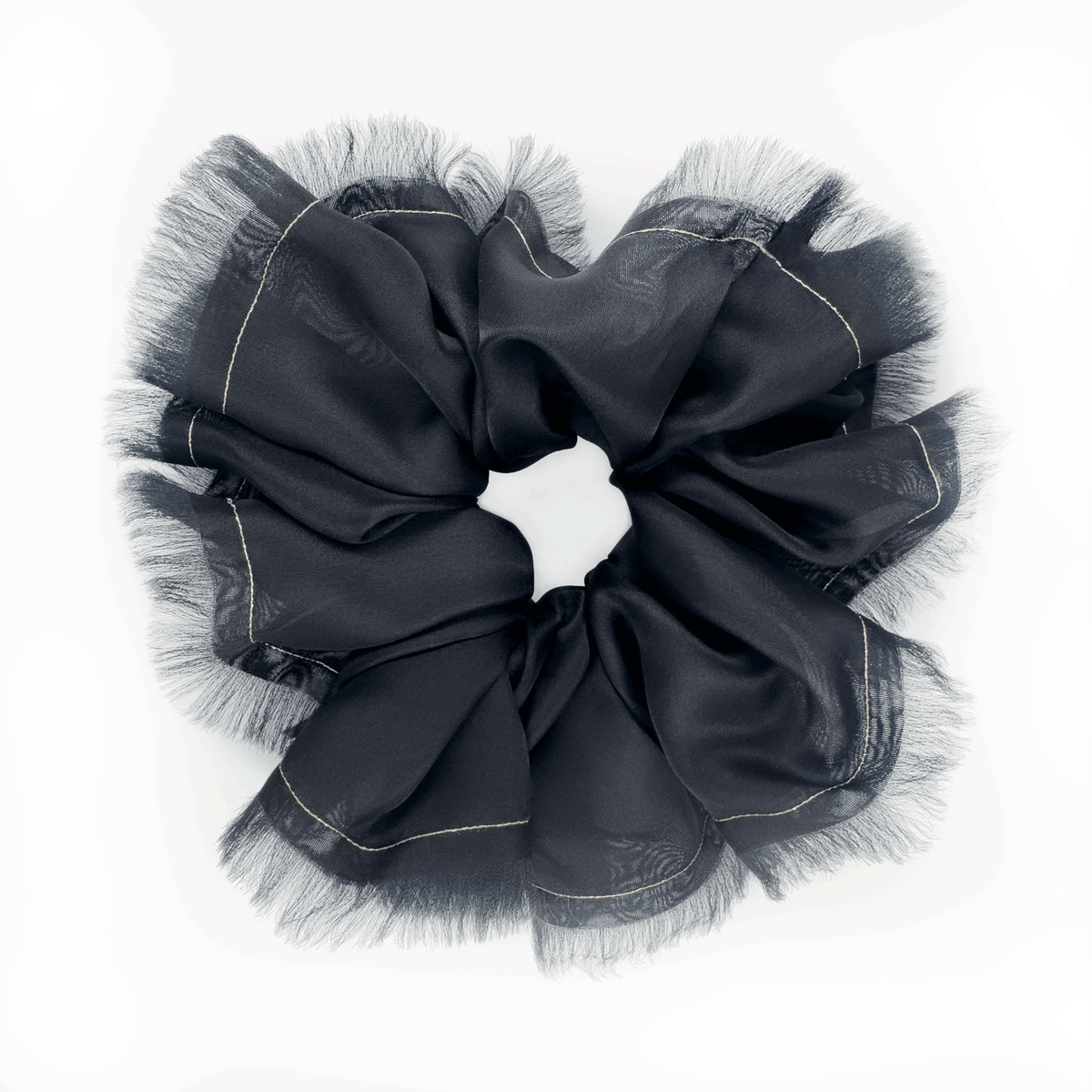 Handmade Black 100% Silk Organza Scrunchie with Gold Thread – Elegant Statement Hair Accessory, Perfect Gift for Her