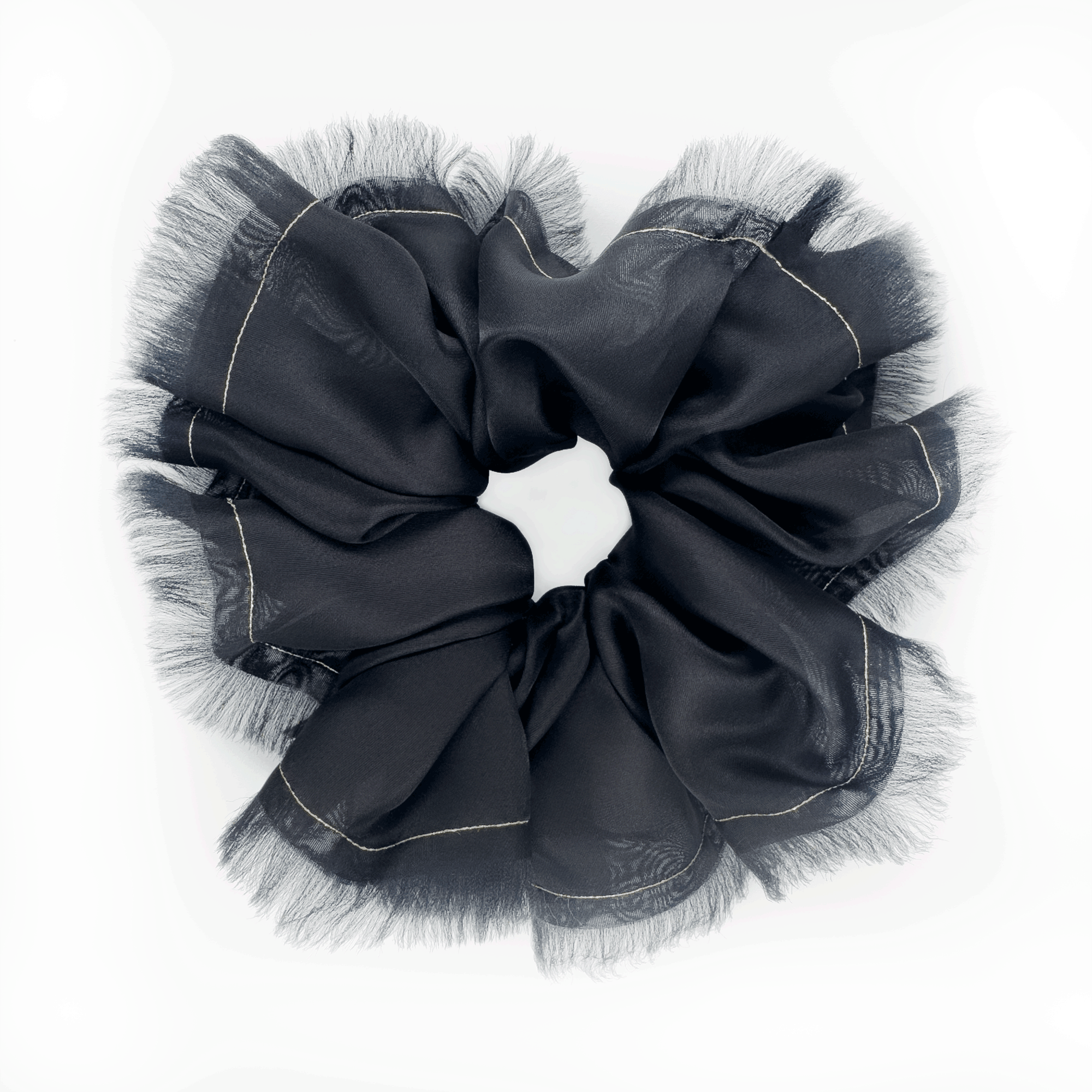 Handmade Black 100% Silk Organza Scrunchie with Gold Thread – Elegant Statement Hair Accessory, Perfect Gift for Her