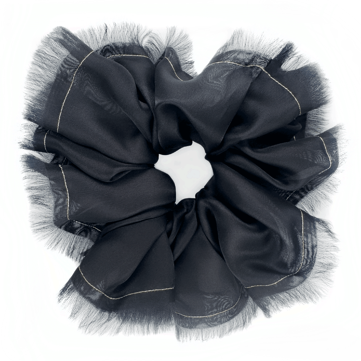 Handmade Black 100% Silk Organza Scrunchie with Gold Thread – Elegant Statement Hair Accessory, Perfect Gift for Her