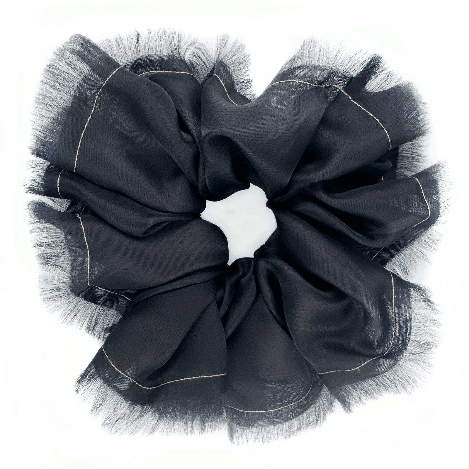 Handmade Black 100% Silk Organza Scrunchie with Gold Thread – Elegant Statement Hair Accessory, Perfect Gift for Her