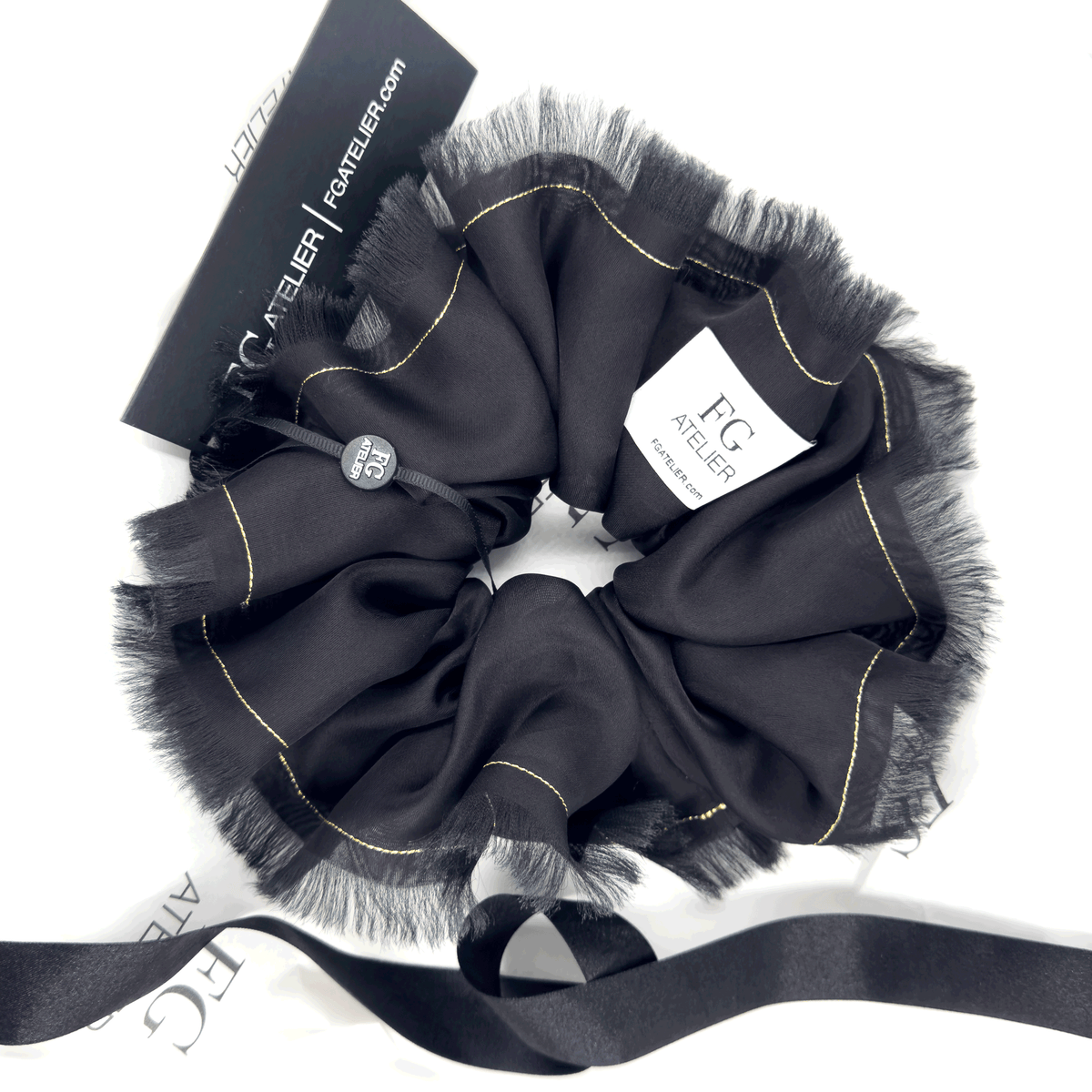 Handmade Black 100% Silk Organza Scrunchie with Gold Thread – Elegant Statement Hair Accessory, Perfect Gift for Her