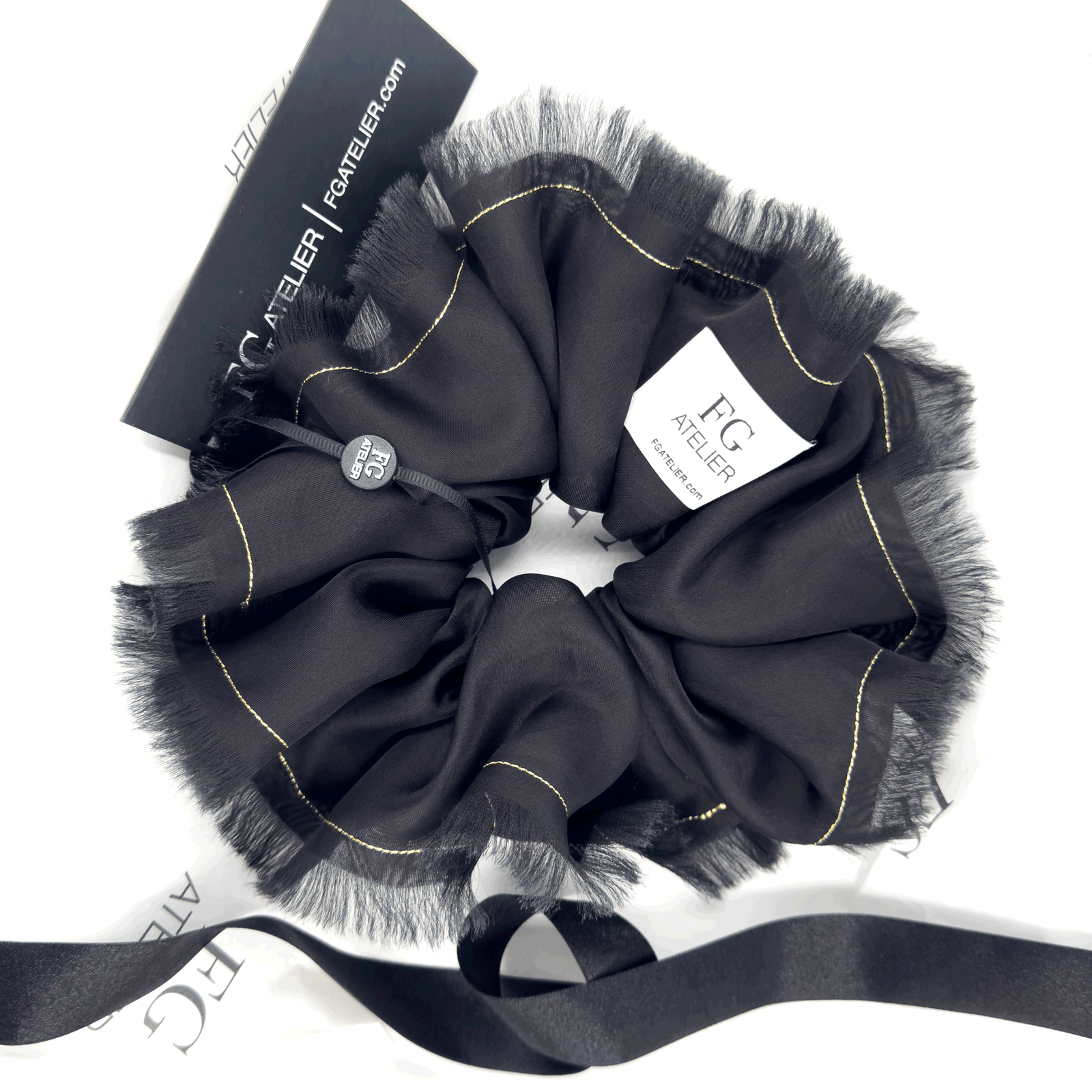 Handmade Black 100% Silk Organza Scrunchie with Gold Thread – Elegant Statement Hair Accessory, Perfect Gift for Her