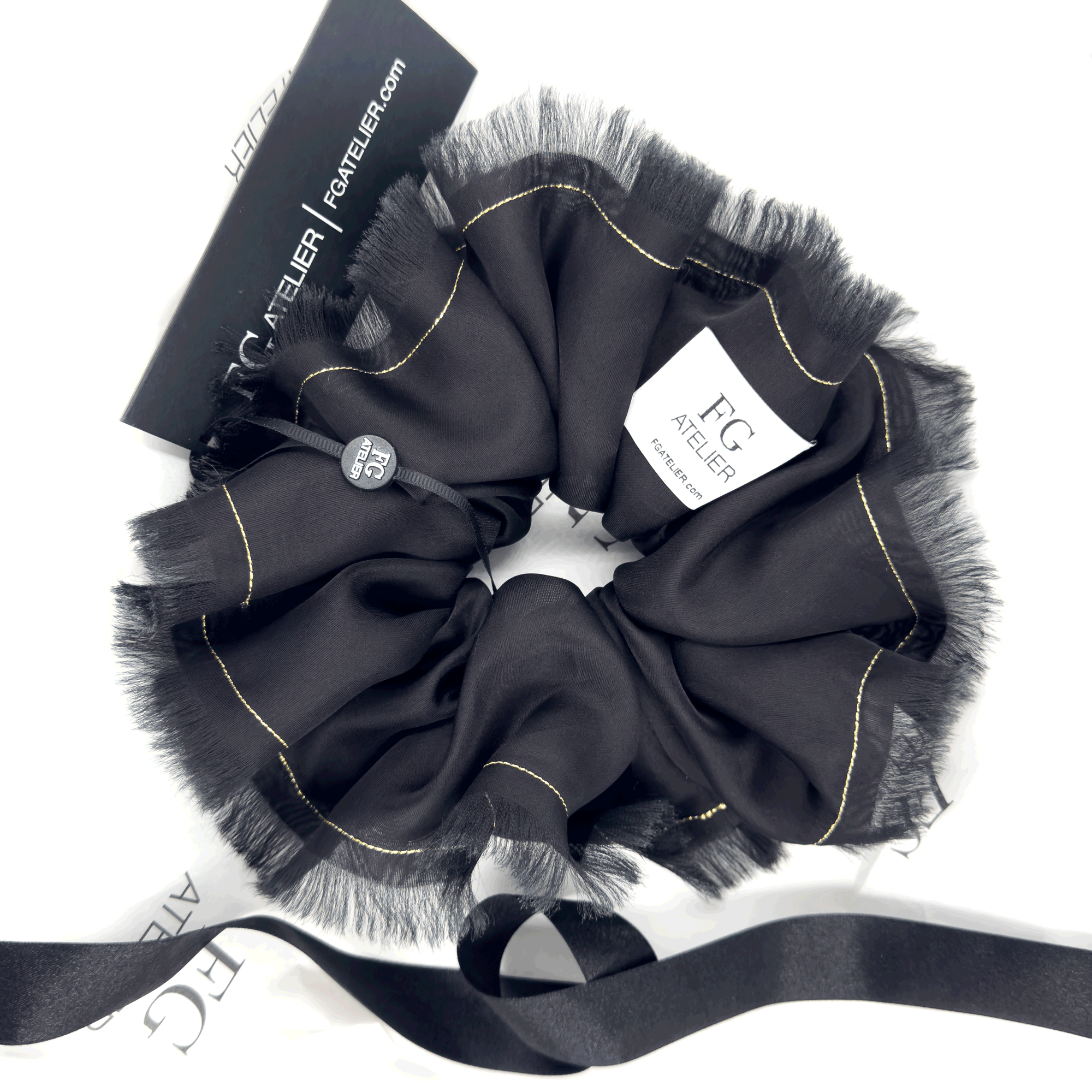 Handmade Black 100% Silk Organza Scrunchie with Gold Thread – Elegant Statement Hair Accessory, Perfect Gift for Her