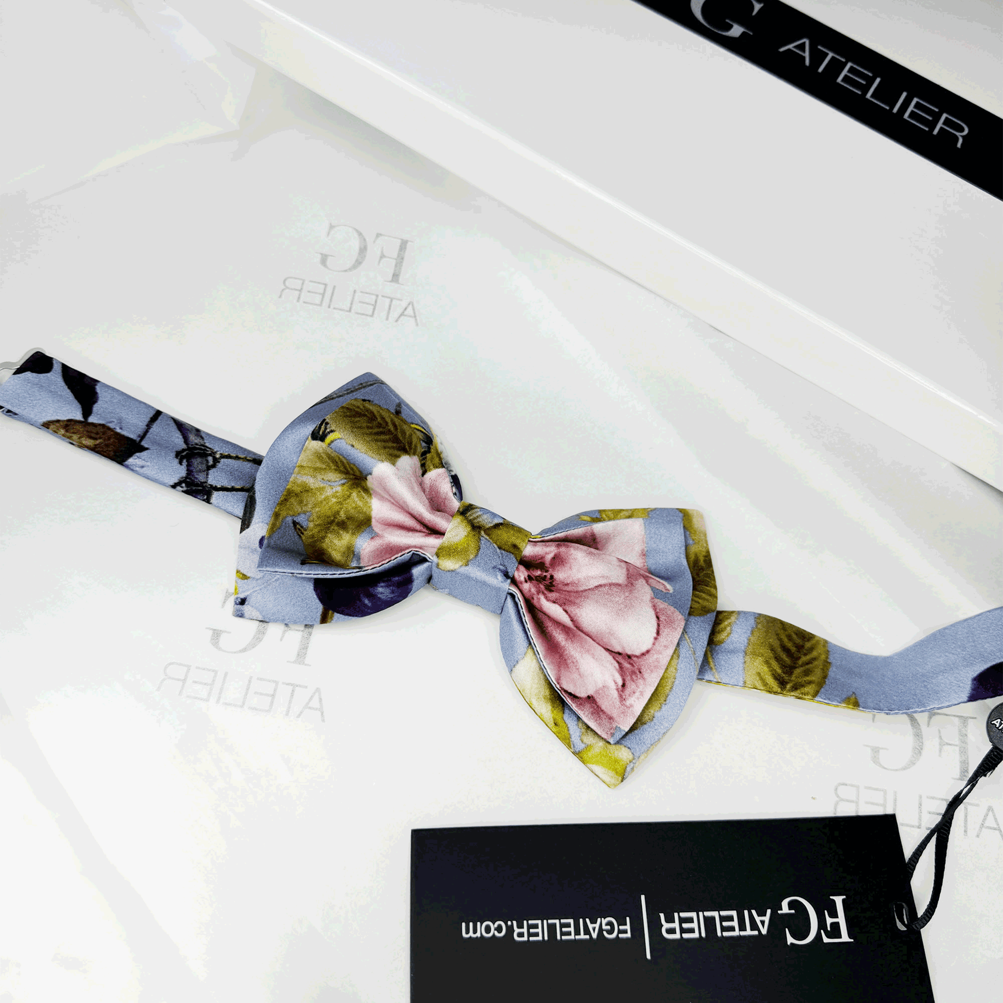 Handmade Mulberry Silk Bow Tie: Blue Floral Pre-tied