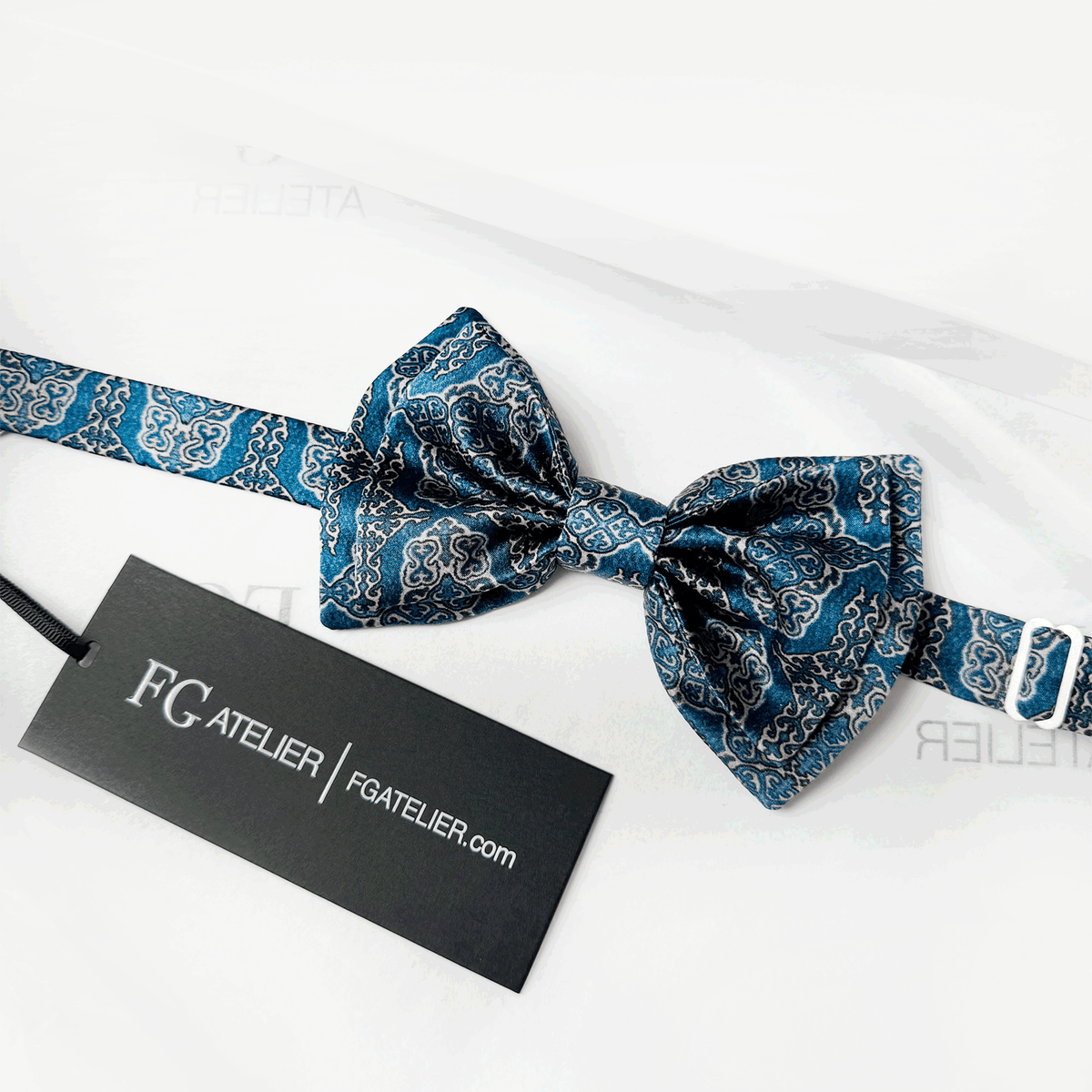 Handmade Italian Silk Bow Tie: Blue Oriental Pattern