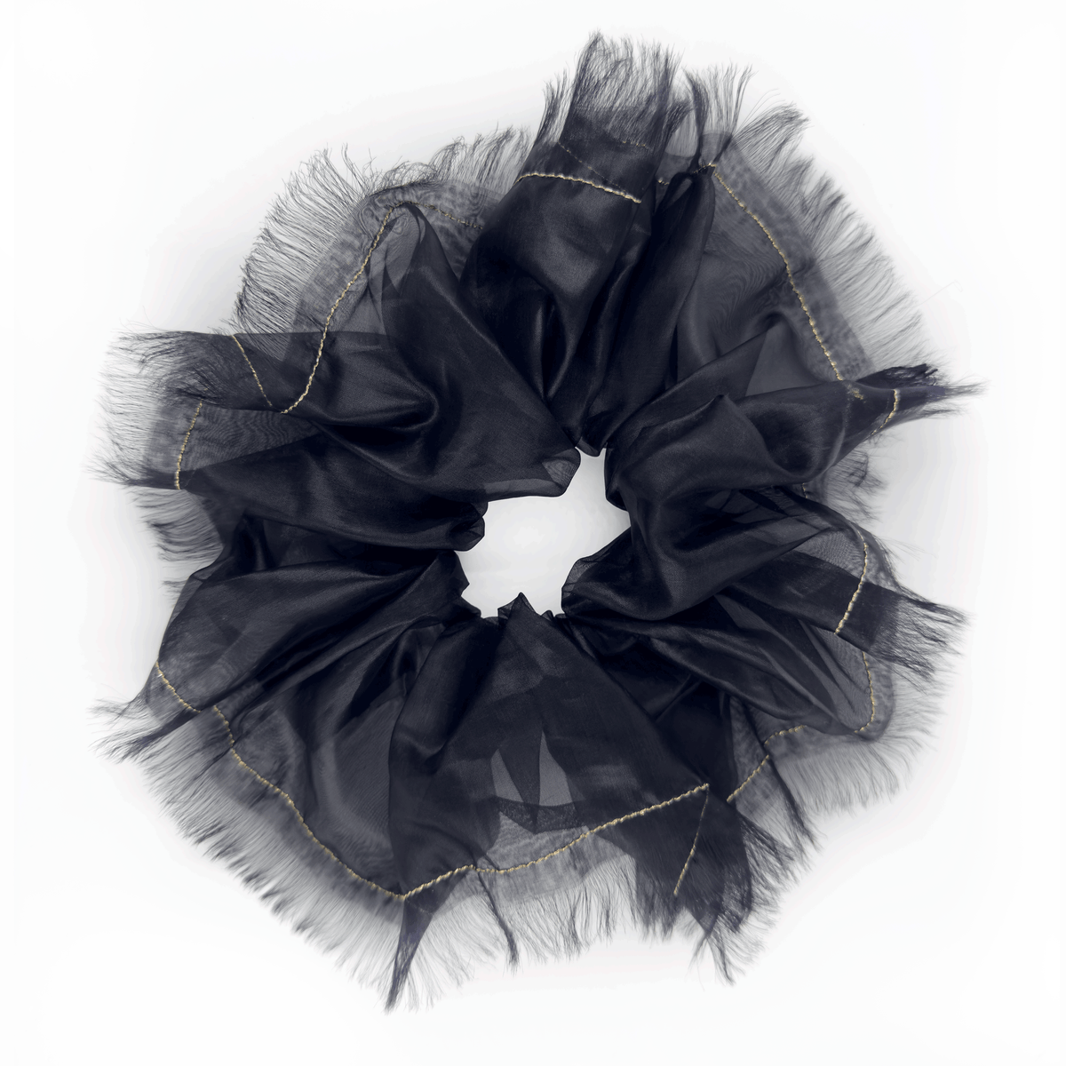 Oversized Black Glossy Silk-Blend Scrunchie with Gold Thread – Handmade Statement Hair Accessory