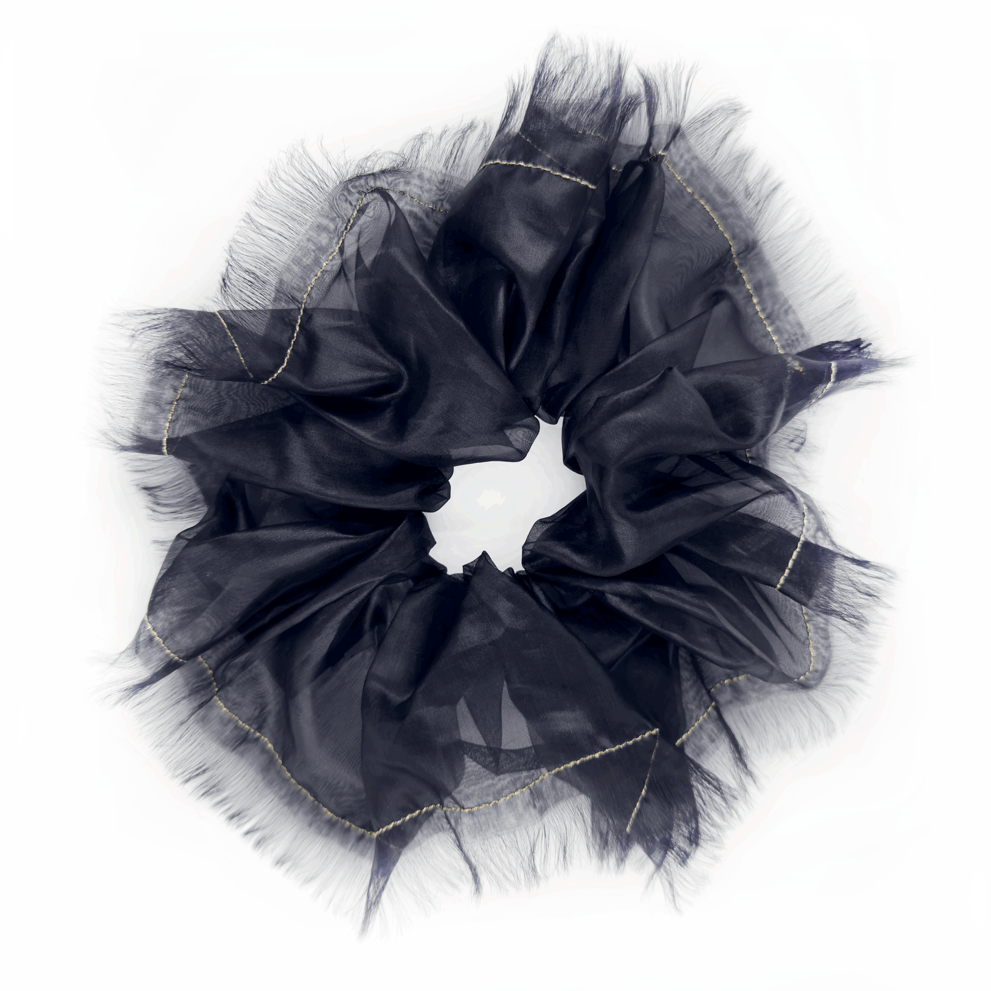 Oversized Black Glossy Silk-Blend Scrunchie with Gold Thread – Handmade Statement Hair Accessory