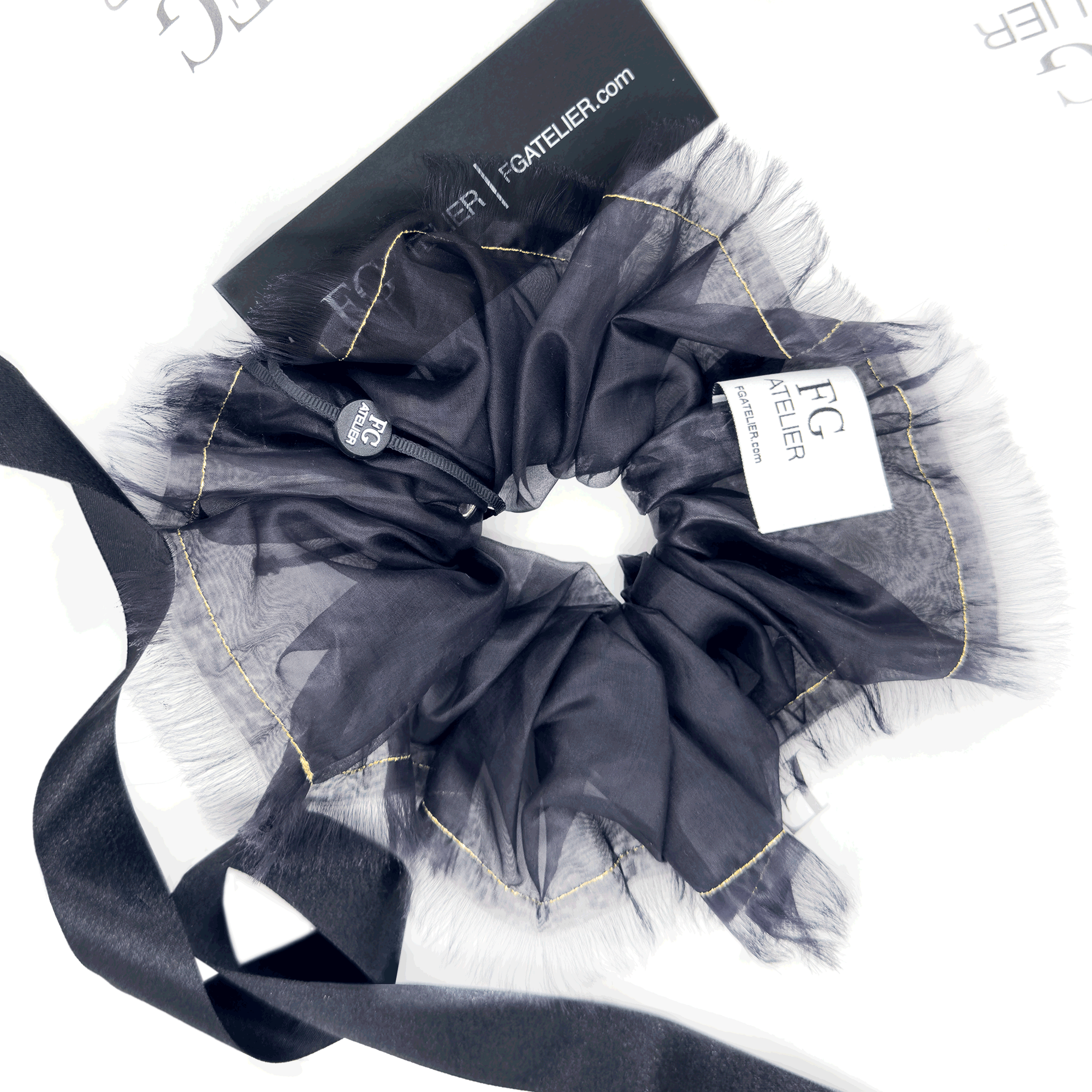 Oversized Black Glossy Silk-Blend Scrunchie with Gold Thread – Handmade Statement Hair Accessory