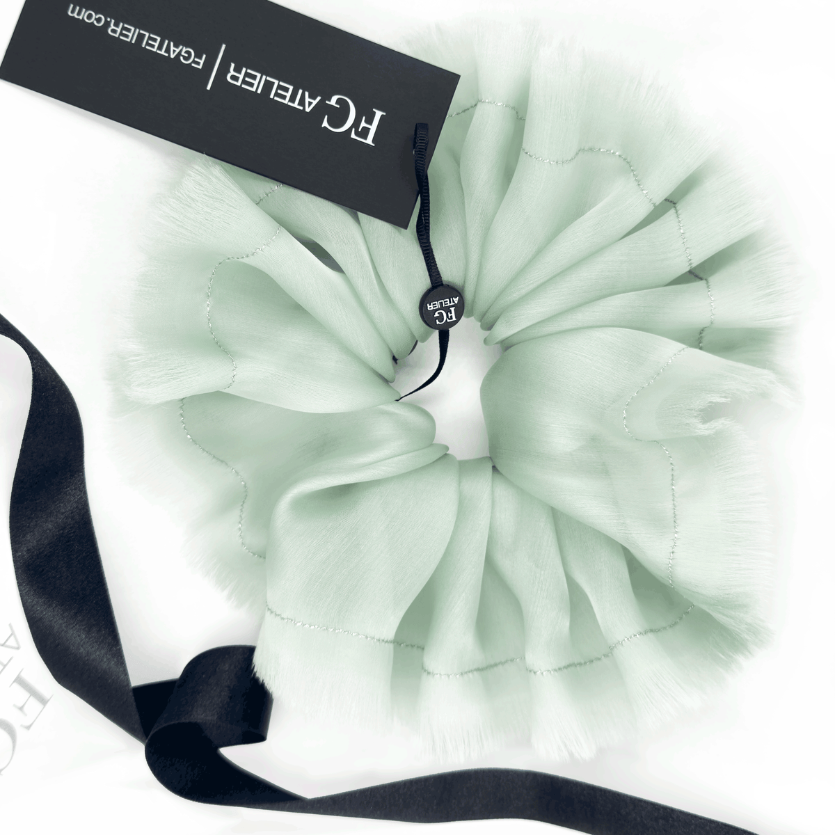Handmade mint 100% silk organza scrunchie with silver thread