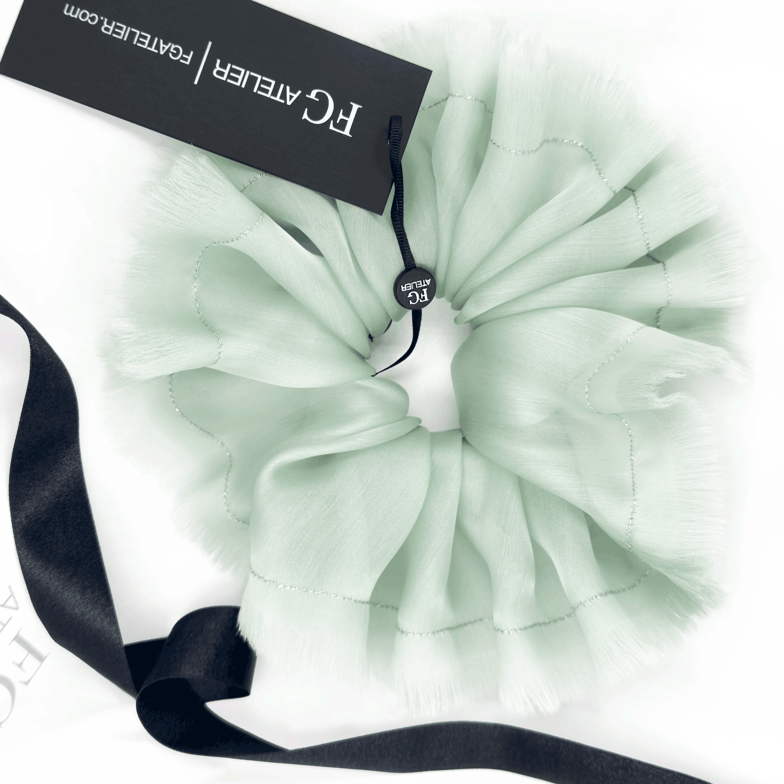 Handmade mint 100% silk organza scrunchie with silver thread