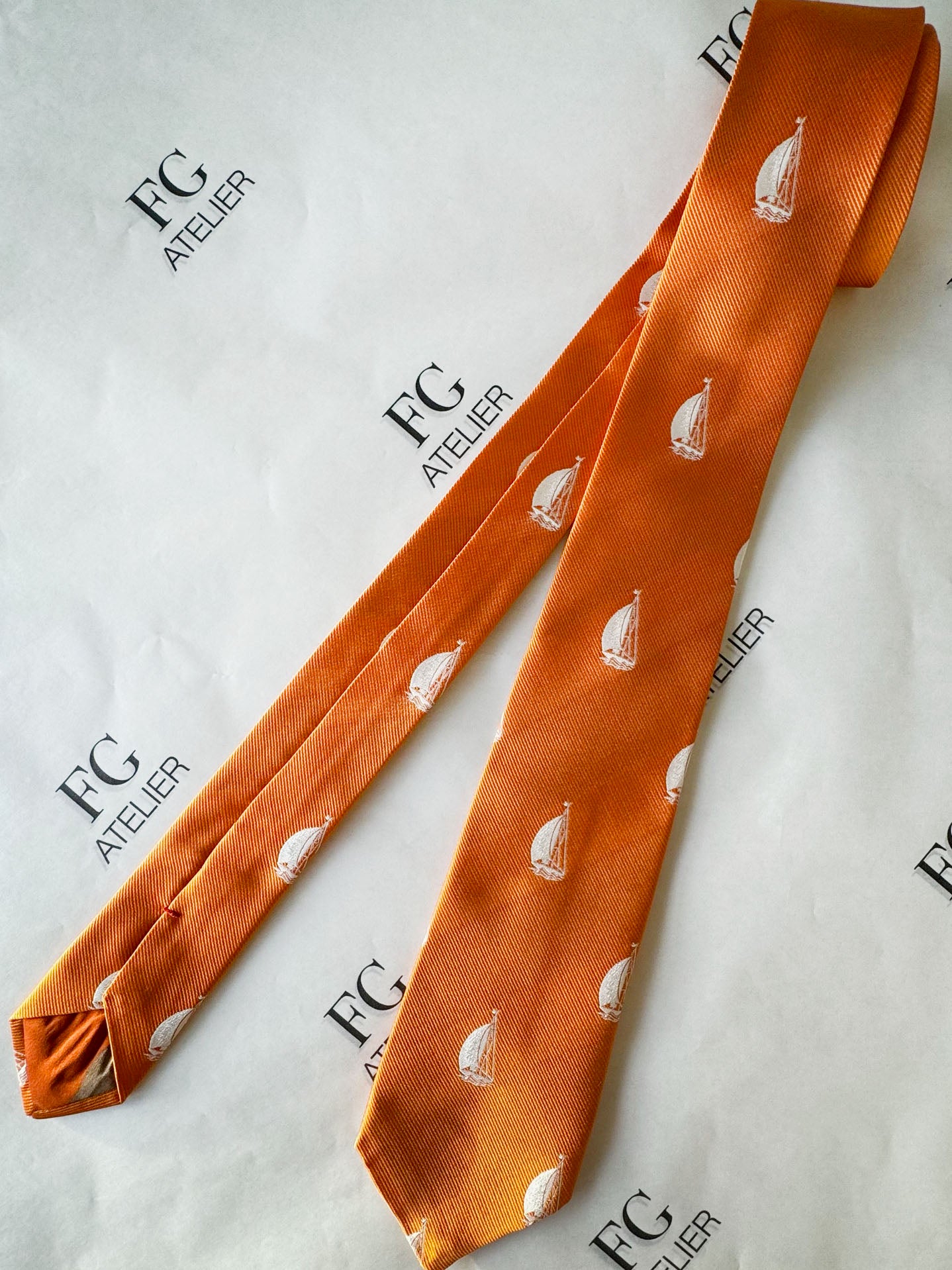 Handmade Orange Italian Silk Tie - Woven Sailboat Nautical Accessory