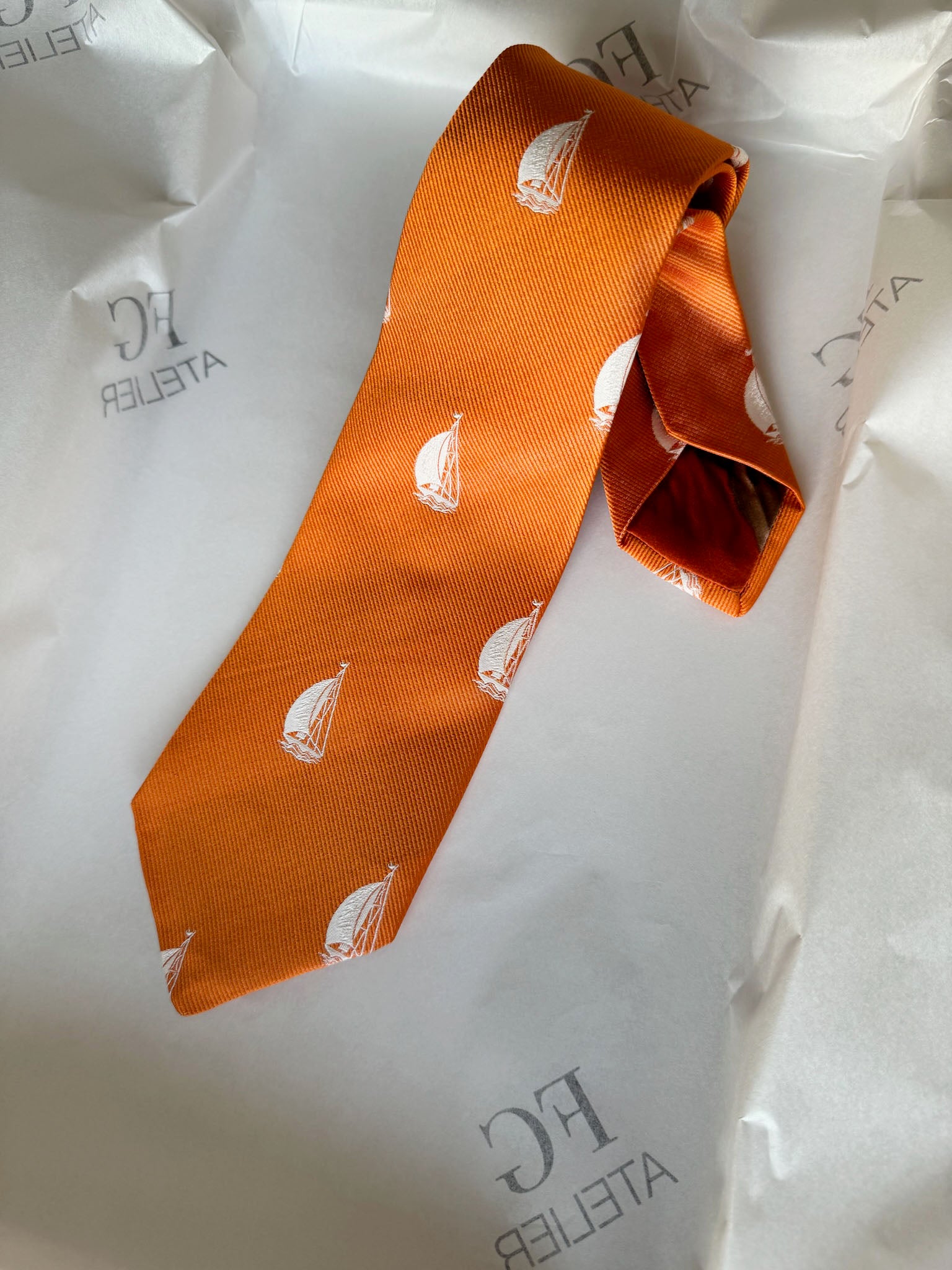 Handmade Orange Italian Silk Tie - Woven Sailboat Nautical Accessory
