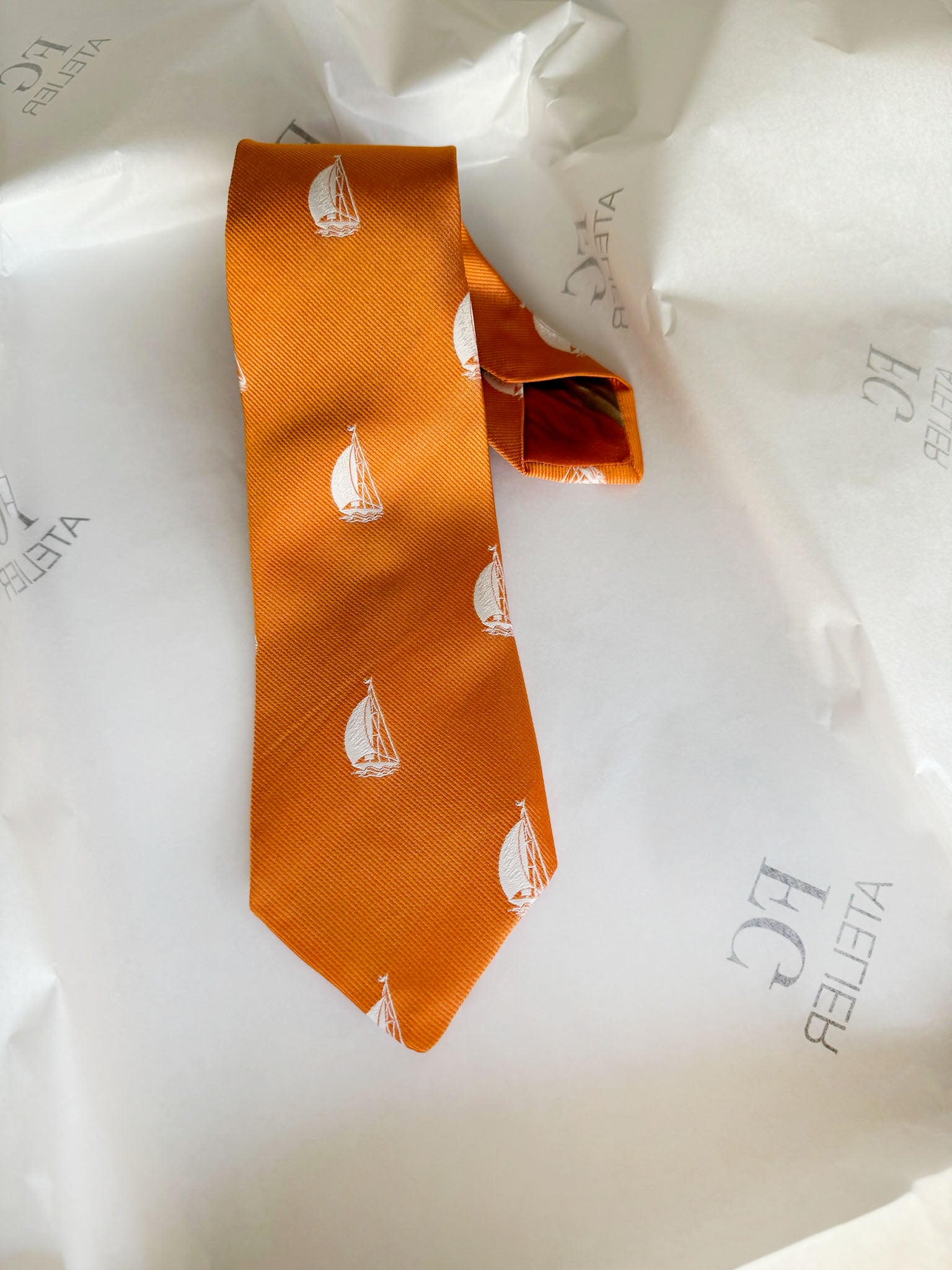 Handmade Orange Italian Silk Tie - Woven Sailboat Nautical Accessory