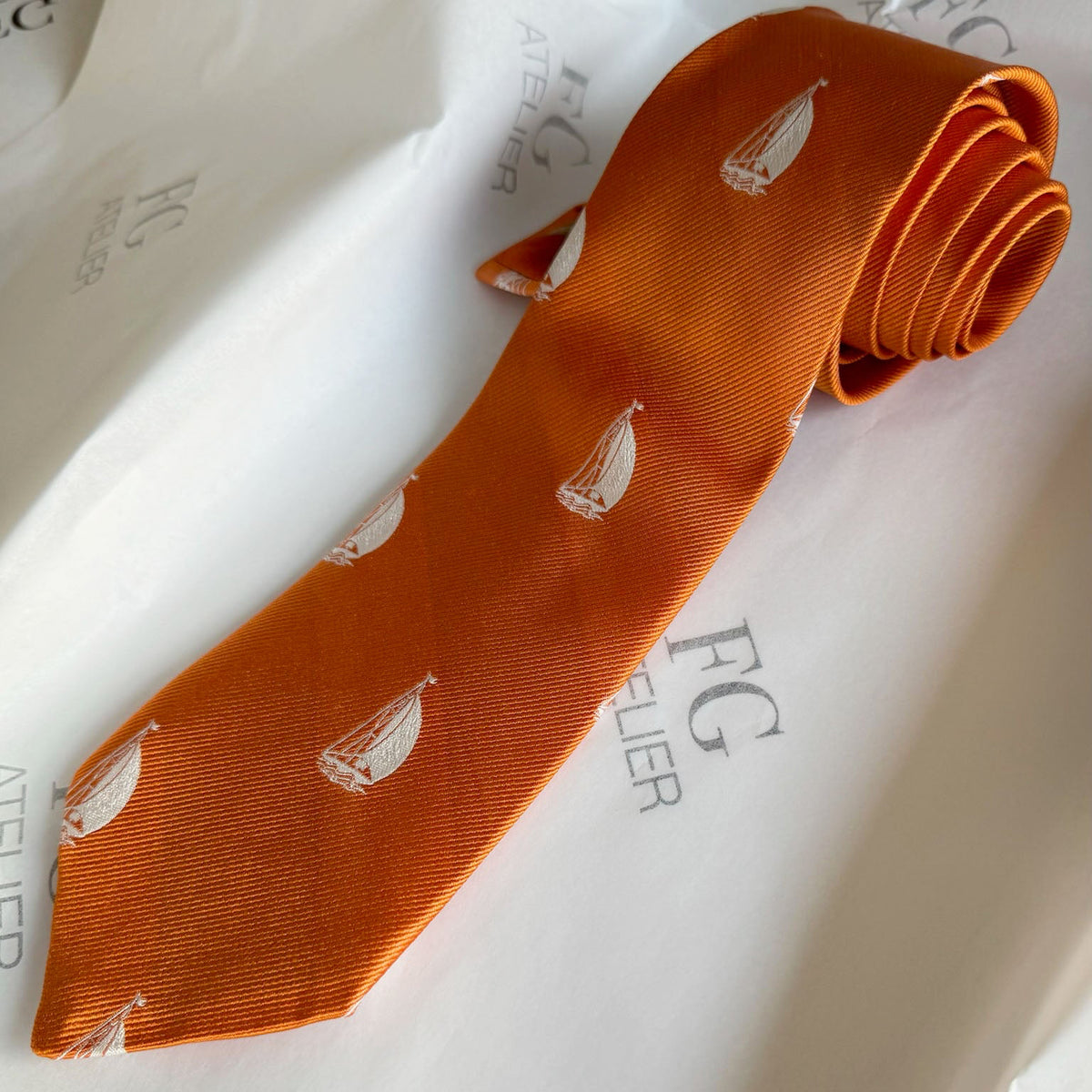 Handmade Orange Italian Silk Tie - Woven Sailboat Nautical Accessory