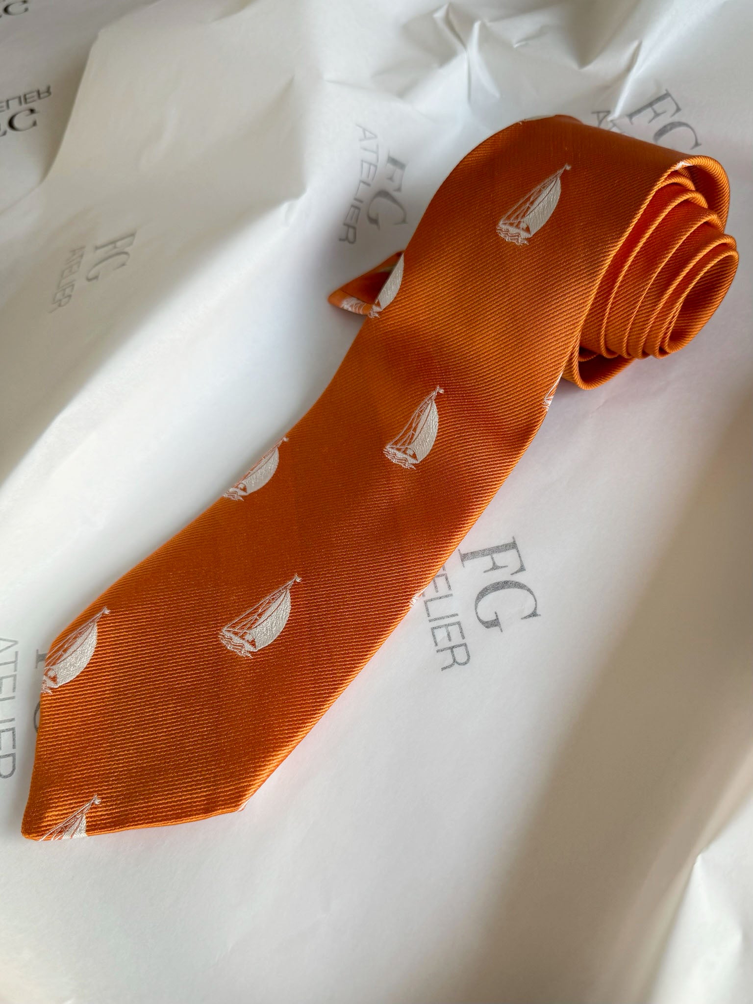 Handmade Orange Italian Silk Tie - Woven Sailboat Nautical Accessory