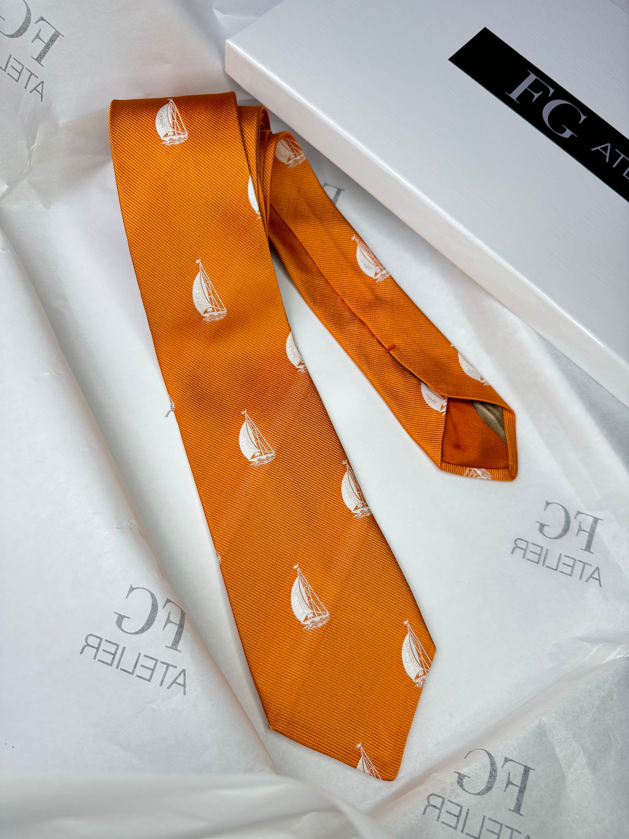 Handmade Orange Italian Silk Tie - Woven Sailboat Nautical Accessory