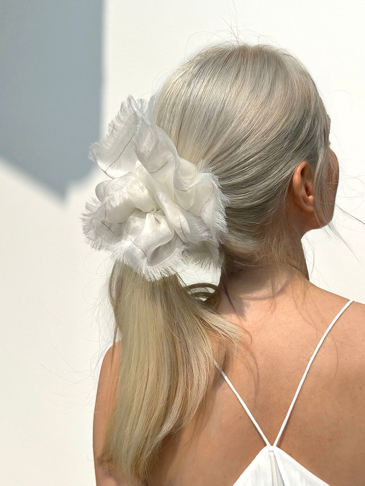 Handmade White 100% Silk Organza Scrunchie with Gold Thread – Elegant Statement Hair Accessory, Perfect Gift for Her
