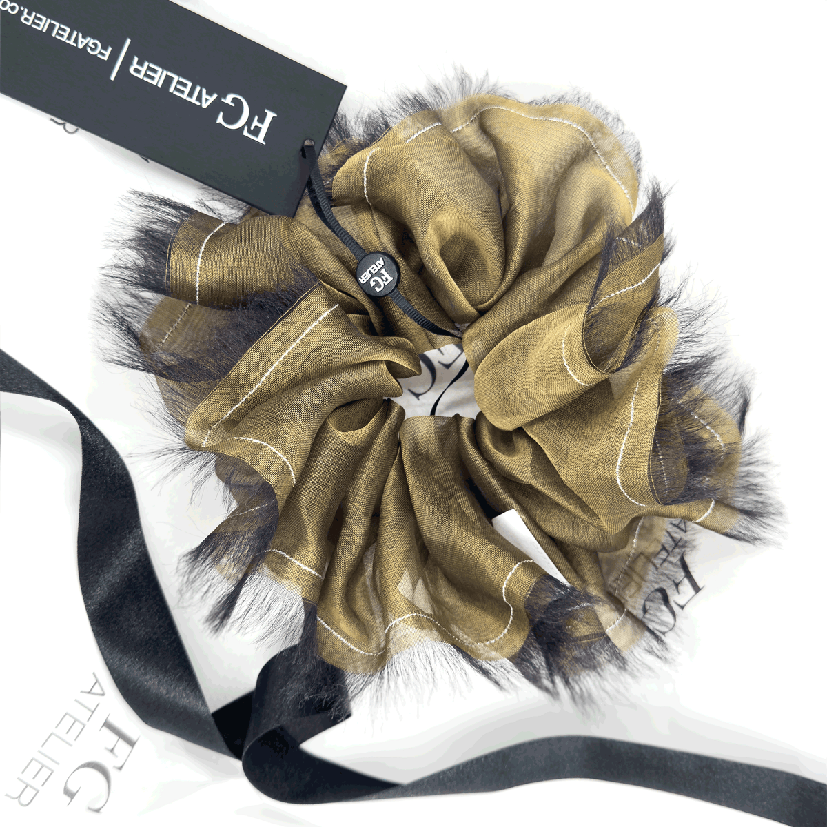 Handmade Champagne Beige 100% Silk Organza Scrunchie with Gold Thread – Elegant Statement Hair Accessory