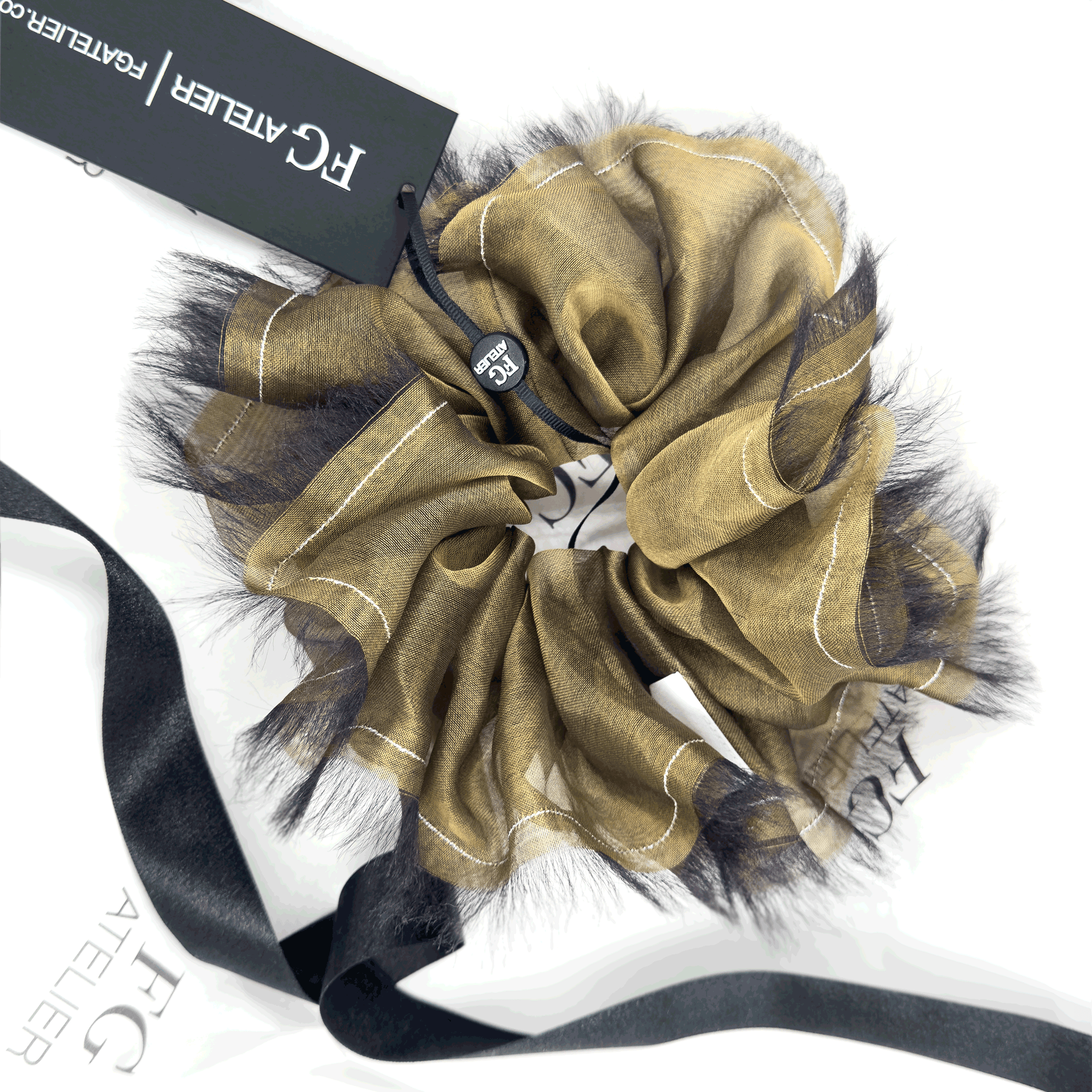Handmade Champagne Beige 100% Silk Organza Scrunchie with Gold Thread – Elegant Statement Hair Accessory