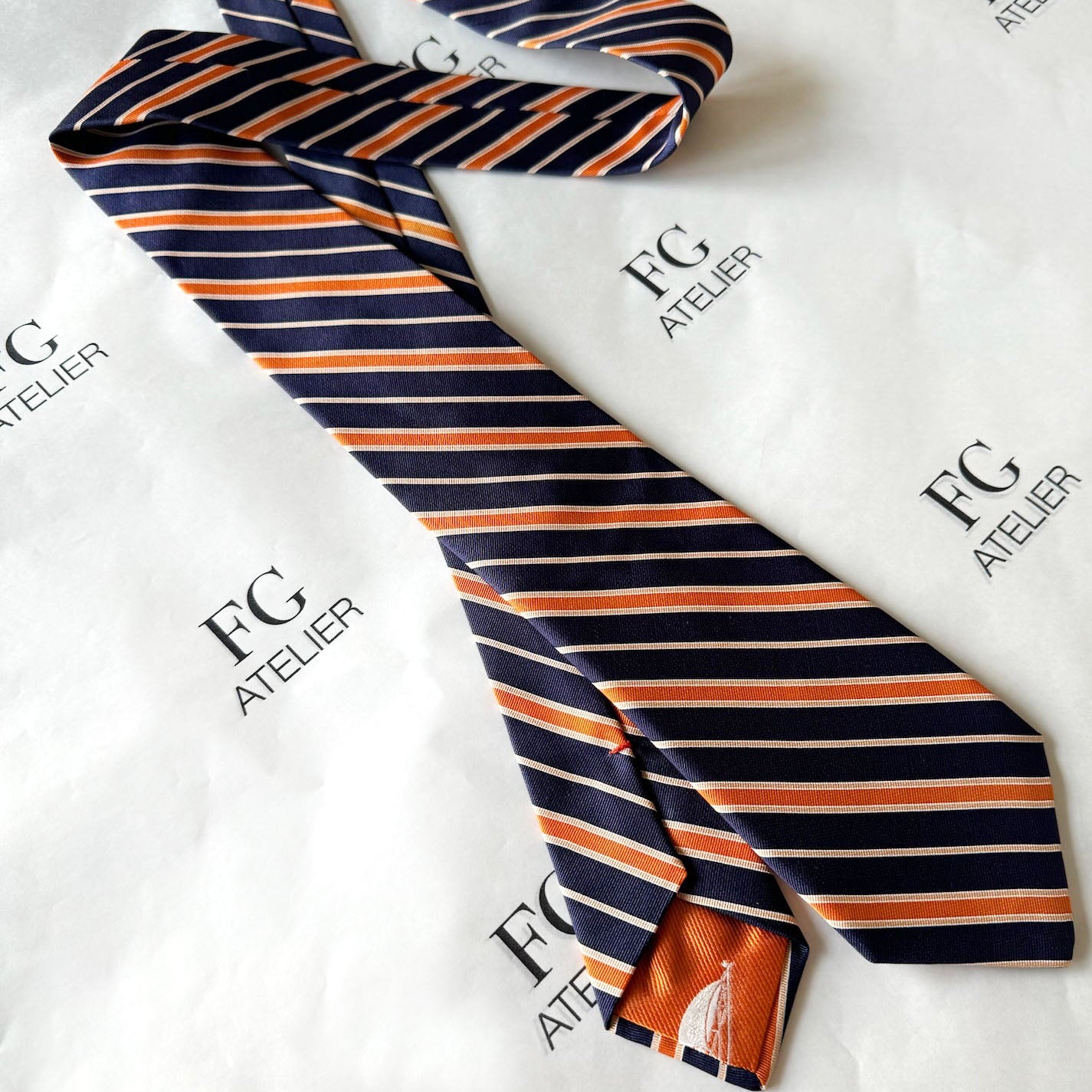 Handmade Italian Silk Tie Orange Navy Stripes
