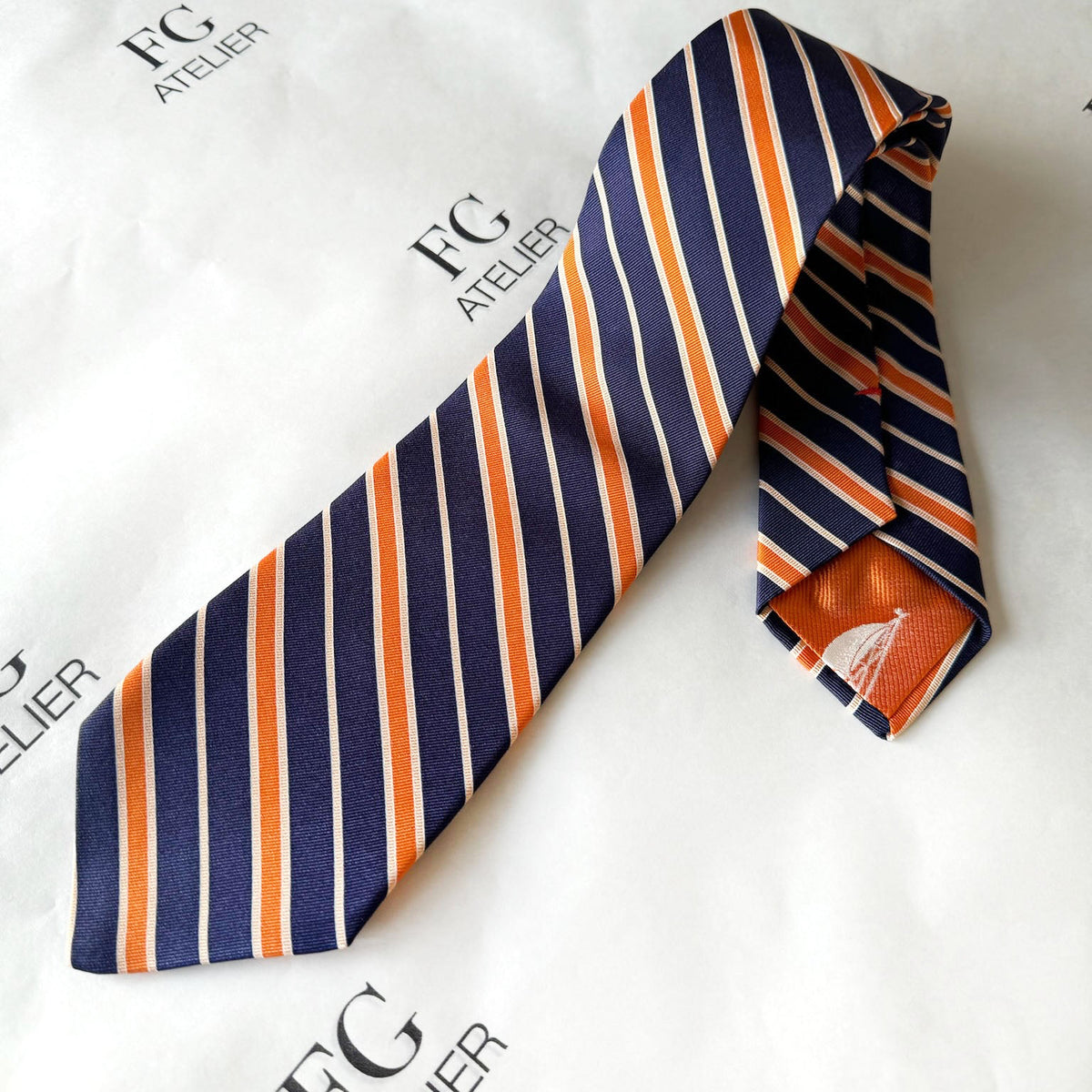 Handmade Italian Silk Tie Orange Navy Stripes