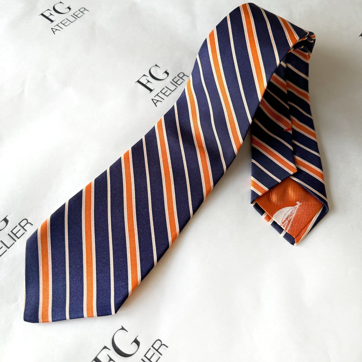 Handmade Italian Silk Tie Orange Navy Stripes
