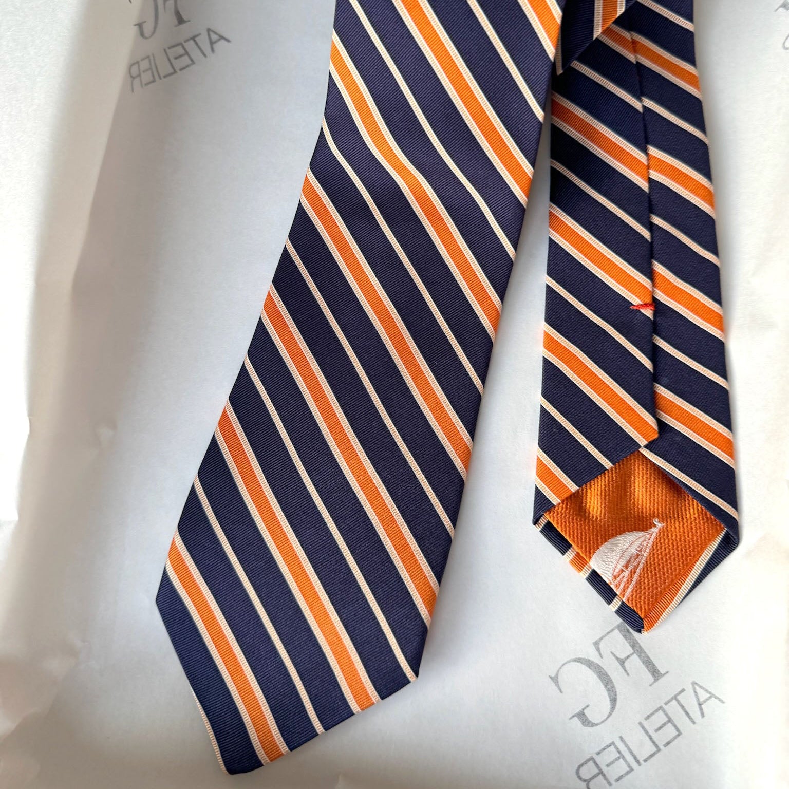 Handmade Italian Silk Tie Orange Navy Stripes