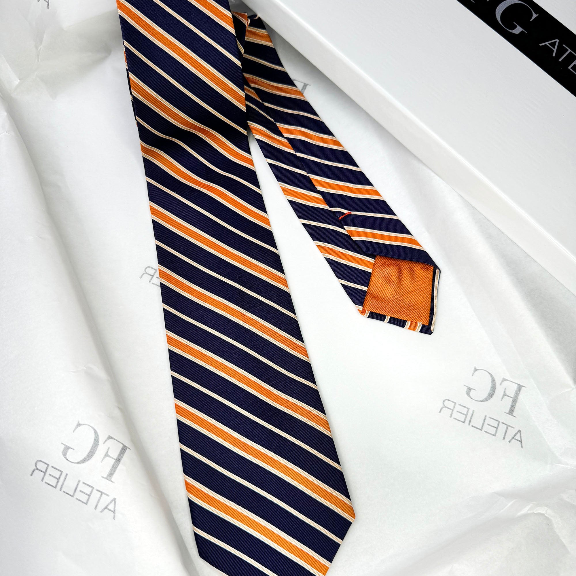 Handmade Italian Silk Tie Orange Navy Stripes